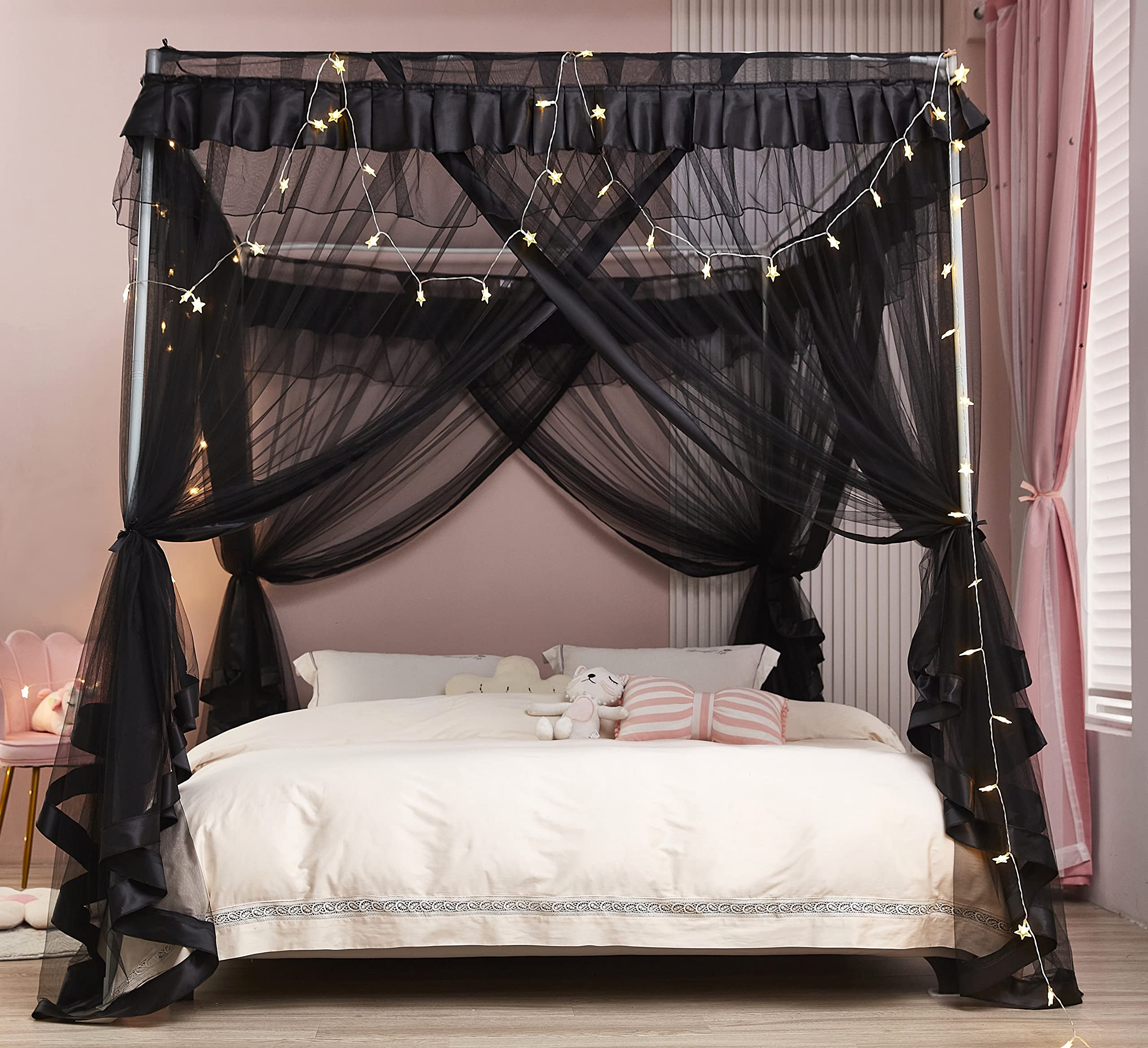 Premium Mengersi 4-Poster Bed Canopy with Mosquito Net - Black Twin Size Bed Curtains for Romantic Bedroom Decor & Insect Protection - Perfect for Master Bedrooms, Guest Rooms & Boho Chic Decor
