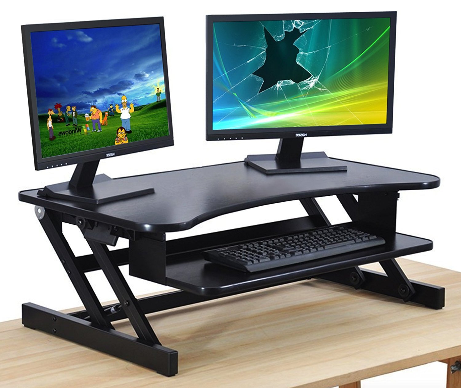 The House of Trade Adjustable Standing Desk - 32 Inch Wide Ergonomic Stand Up Desk with Retractable Keyboard Tray, Fits Dual Monitors (Black) - Perfect for Home Office, Gaming & Workspace Setup