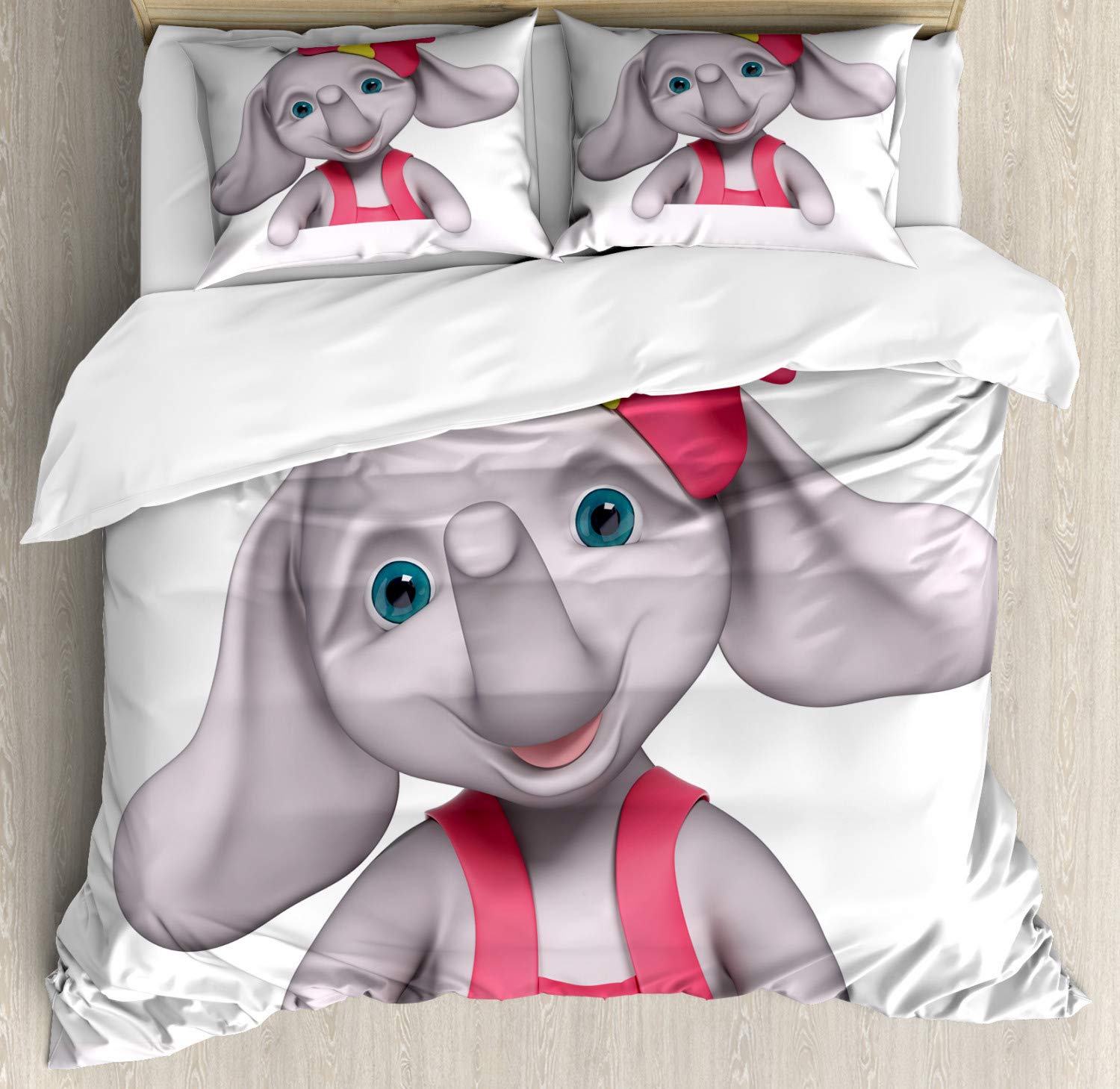 Ambesonne 3D Animal Cartoon Duvet Cover Set - Cheerful Girl Smiling Print Bedding Set with 2 Duvet Covers & 4 Pillowcases, 2 Pack California King Size in Yellow Grey Pink - Perfect for Kids' Rooms, Teen Bedrooms & Nursery Decor