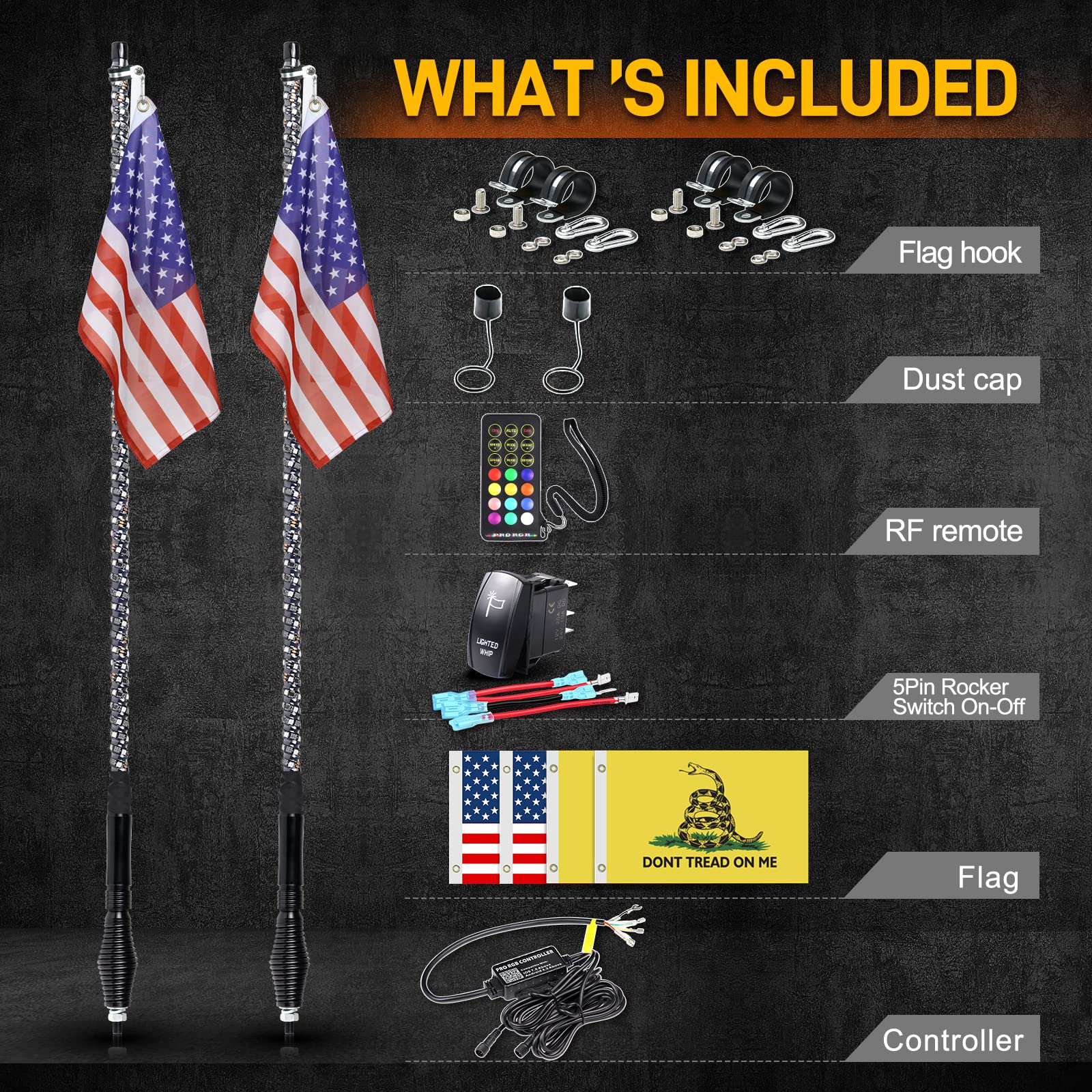 2PCS 5FT LED Whip Lights with Chasing Colors & App Control - UTV ATV Off-Road Accessories with Spring Base, Remote & Rocker Switch - Perfect for Can-Am, Polaris RZR, Dune Buggies - Ideal for Night Rides, Off-Road Adventures & Desert Racing