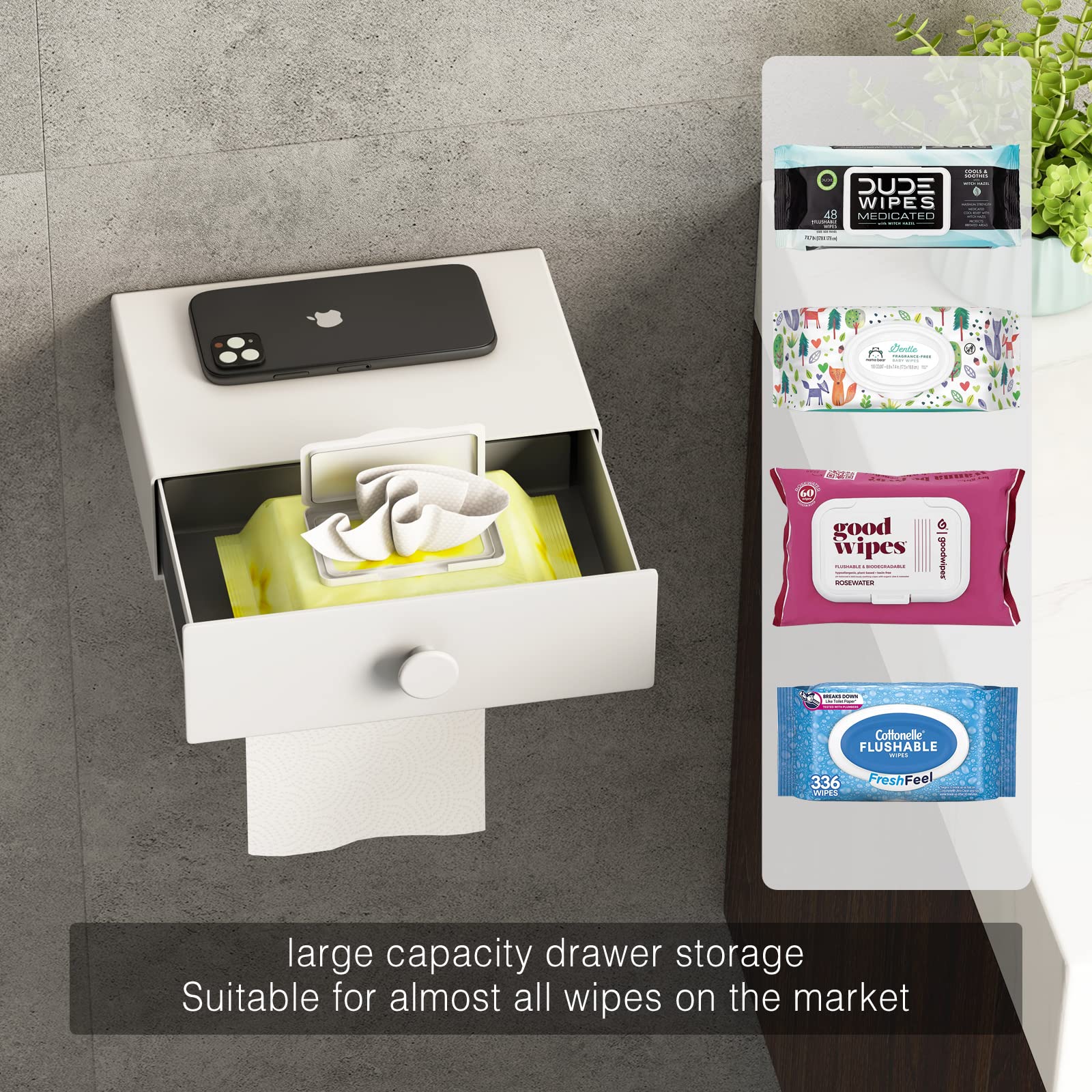 VOLDRA White Wall Mount Toilet Paper Holder with Shelf & Wipes Dispenser - Space Saving Bathroom Storage Organizer with Adhesive Mount & Upgrade Drawer Design - Perfect for Small Bathrooms, Powder Rooms & RVs