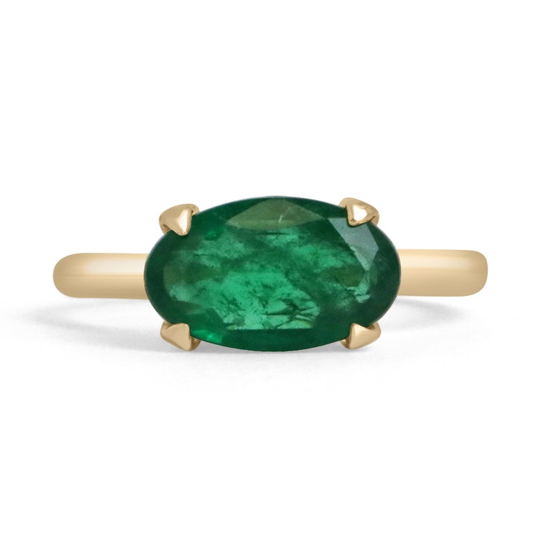 2.71ct 18K Yellow Gold Natural Oval Cut Dark Forest Green Emerald Solitaire Ring - East to West Prong Setting for Engagement, Anniversary & Special Occasions