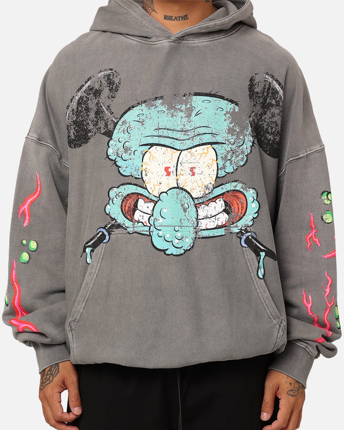 SpongeBob SquarePants Squidward Hoodie - Washed Charcoal Pullover Sweatshirt for Men & Women | American Thrift Style | Perfect for Cosplay, Halloween, and Casual Wear