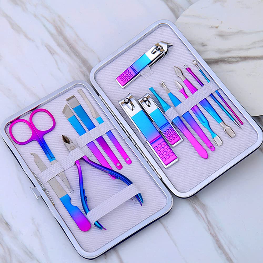 ZUOL 15-Piece Rainbow Manicure Set - Professional Stainless Steel Nail Clippers, Nail Files & Pedicure Tools in Blue Leather Case - Perfect for Home Salon, Travel & Professional Nail Care