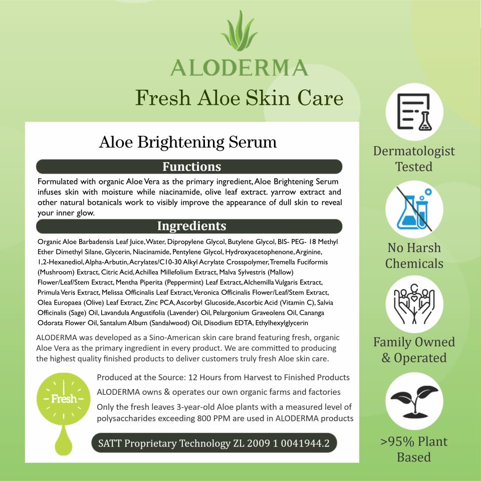 Aloderma Organic Aloe Vera Skin Brightening Serum with Niacinamide & Vitamin C - Hydrating Face Serum for Dull, Tired Skin - 1.7oz for Bright, Luminous Complexion | Perfect for Daily Skincare Routine & Nighttime Skin Rejuvenation