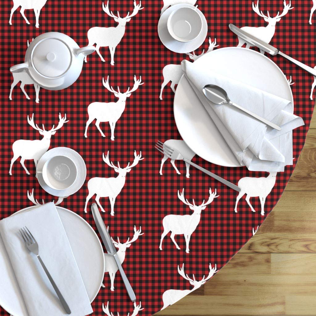 Custom Deer Red Black Plaid Print Cotton Sateen Tablecloth 70