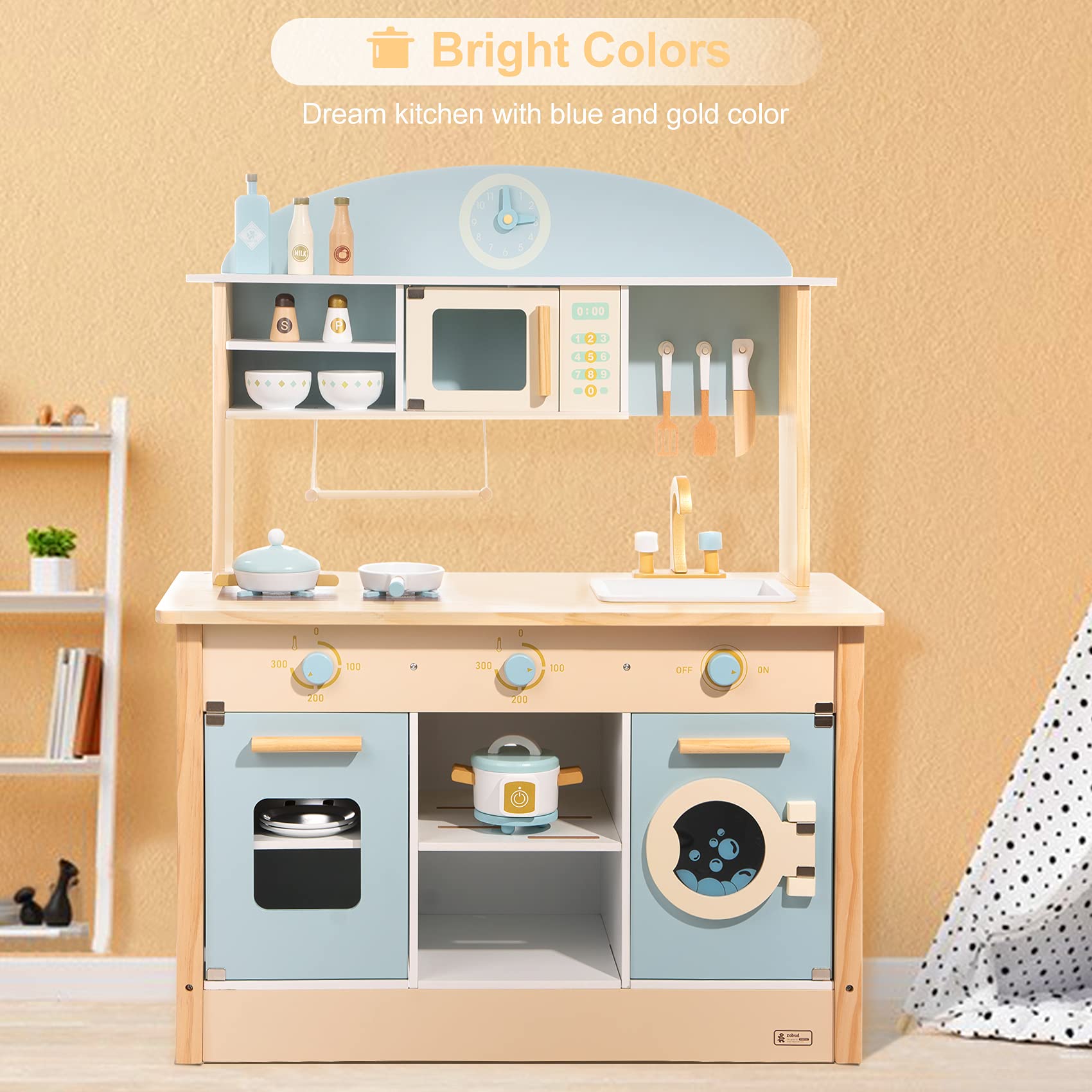 ROBUD Wooden Play Kitchen Set for Kids & Toddlers - Pretend Cooking Toy for Boys & Girls Ages 3+ | Perfect for Imaginative Play, Birthday Gifts & Preschool Learning