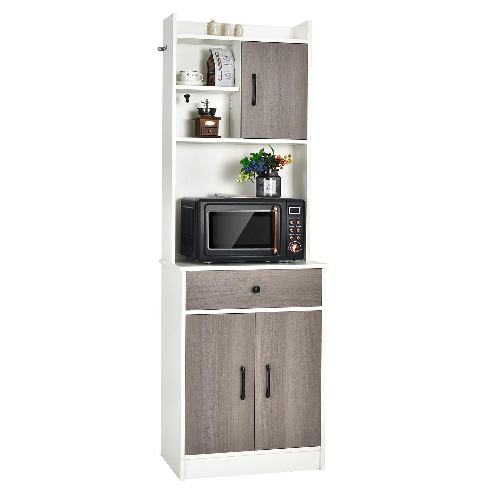 Giantex Pantry Organizers and Storage Cabinet - Tall Buffet Hutch with Drawers & Shelves, White & Natural Wood Countertop - Perfect for Kitchen Organization, Dining Room Storage & Microwave Stand