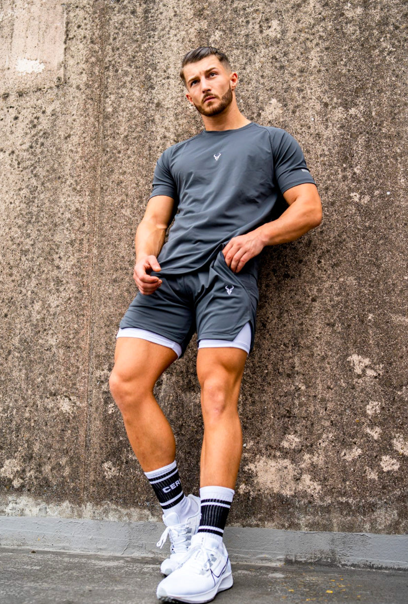 Cerus Grey Quantum 2-in-1 Running Shorts with Built-in Liner - Men's Athletic Workout & Gym Shorts for Running, Training, and Outdoor Activities