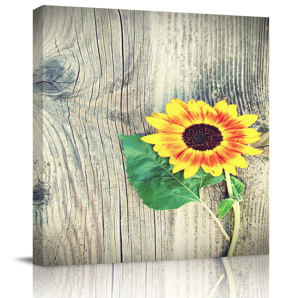 Sunflower Floral Canvas Painting - Rustic Wooden Planks Wall Art with Green Leaves - 28x28 Inch Home Decor for Bedroom & Living Room | Perfect for Farmhouse, Boho & Modern Interior Design