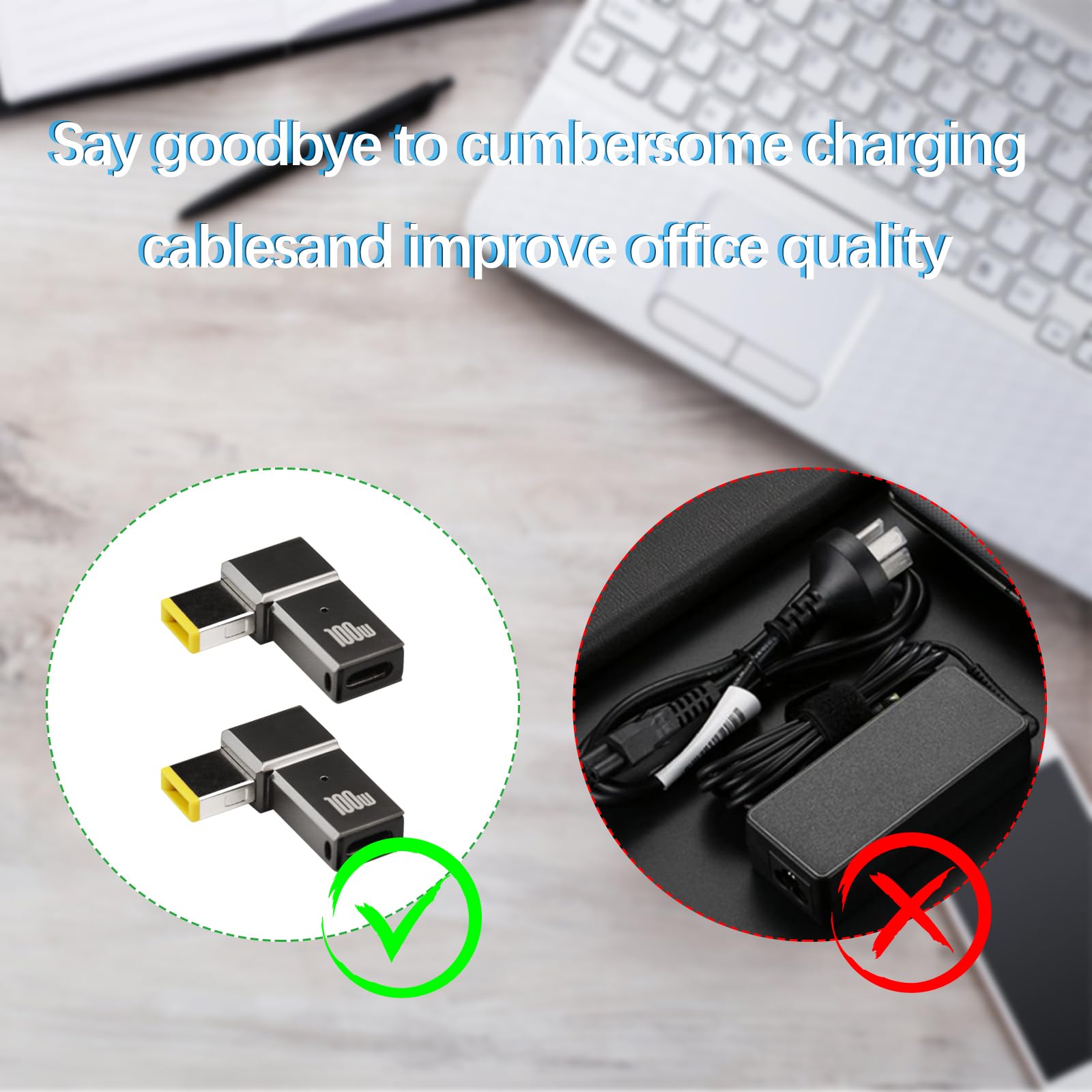 2Pcs USB C to Slim Tip Adapter 100W 5A Fast Charging Cable - USB C Female to Slim Tip Rectangle PD Converter for Lenovo Laptops - Zinc Alloy Durable Design for Home Office & Travel Charging