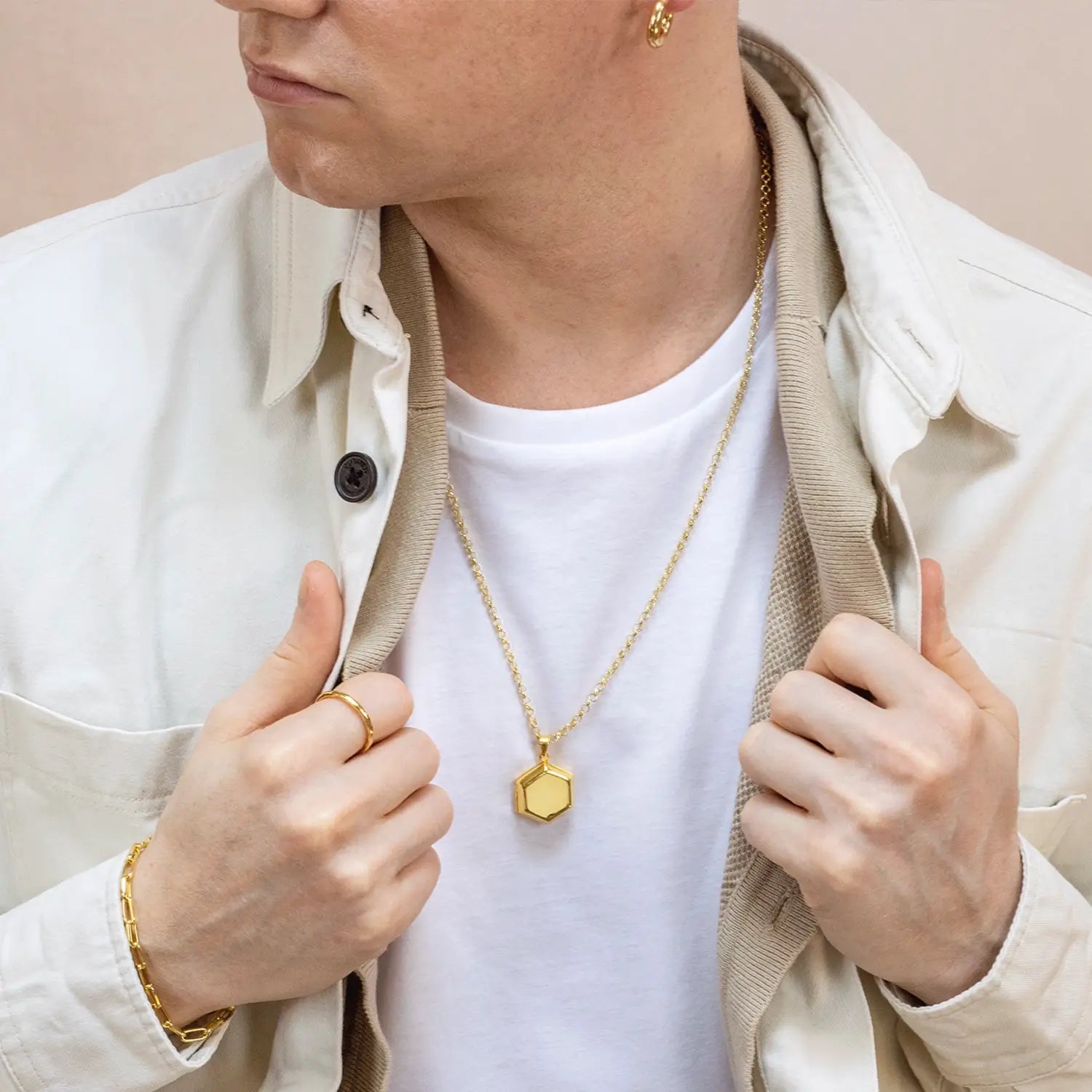 Hexagon Locket Necklace for Men - 18K Gold Plated Pendant with Photo Insert - Perfect Gift for Anniversary, Valentine's Day & Special Occasions