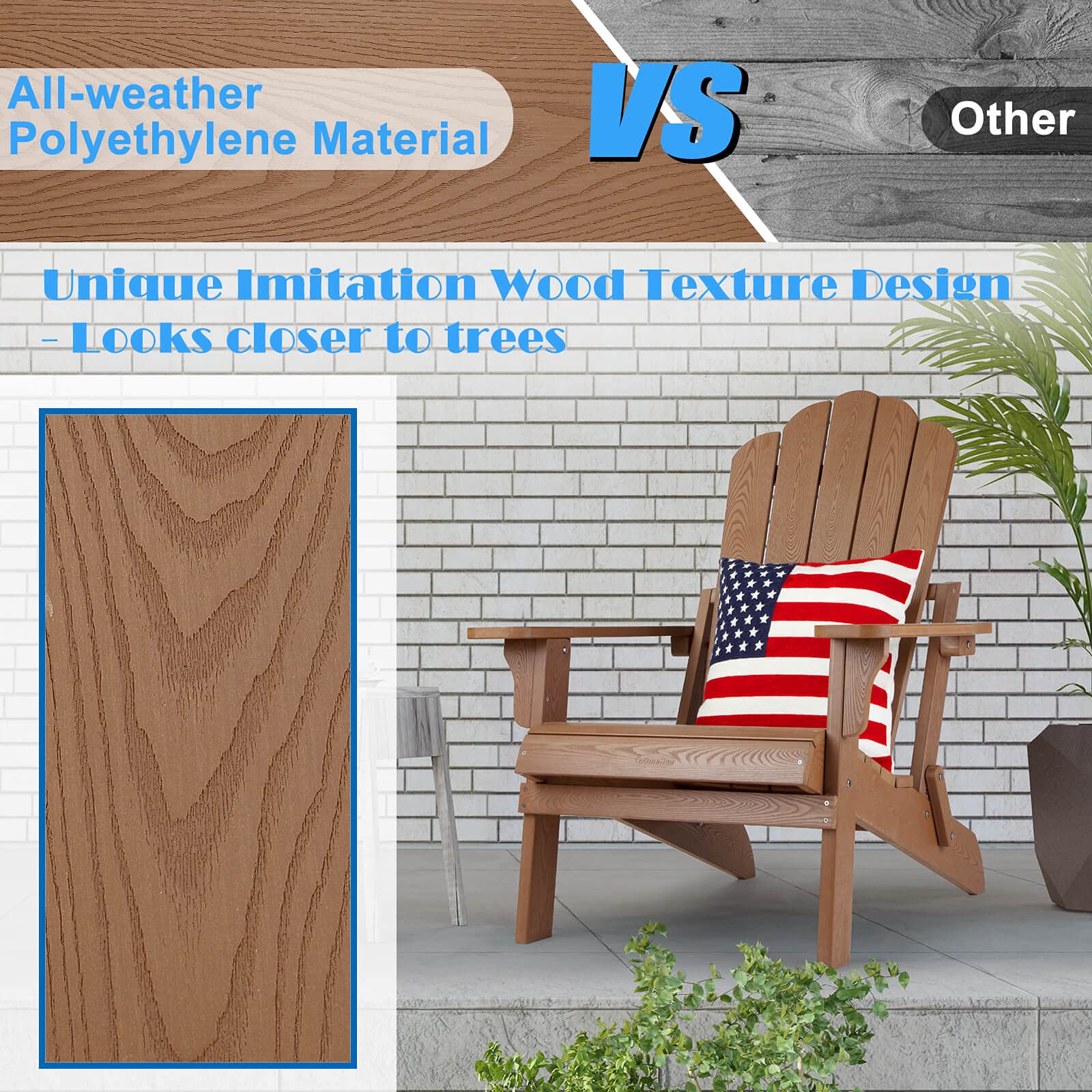 2 Pack Folding Adirondack Chairs - Weather-Resistant HIPS Plastic Outdoor Patio Furniture Set for Backyard, Deck, Fire Pit & Porch - Wood Grain Design (Perfect for Camping, Beach & Garden Relaxation)