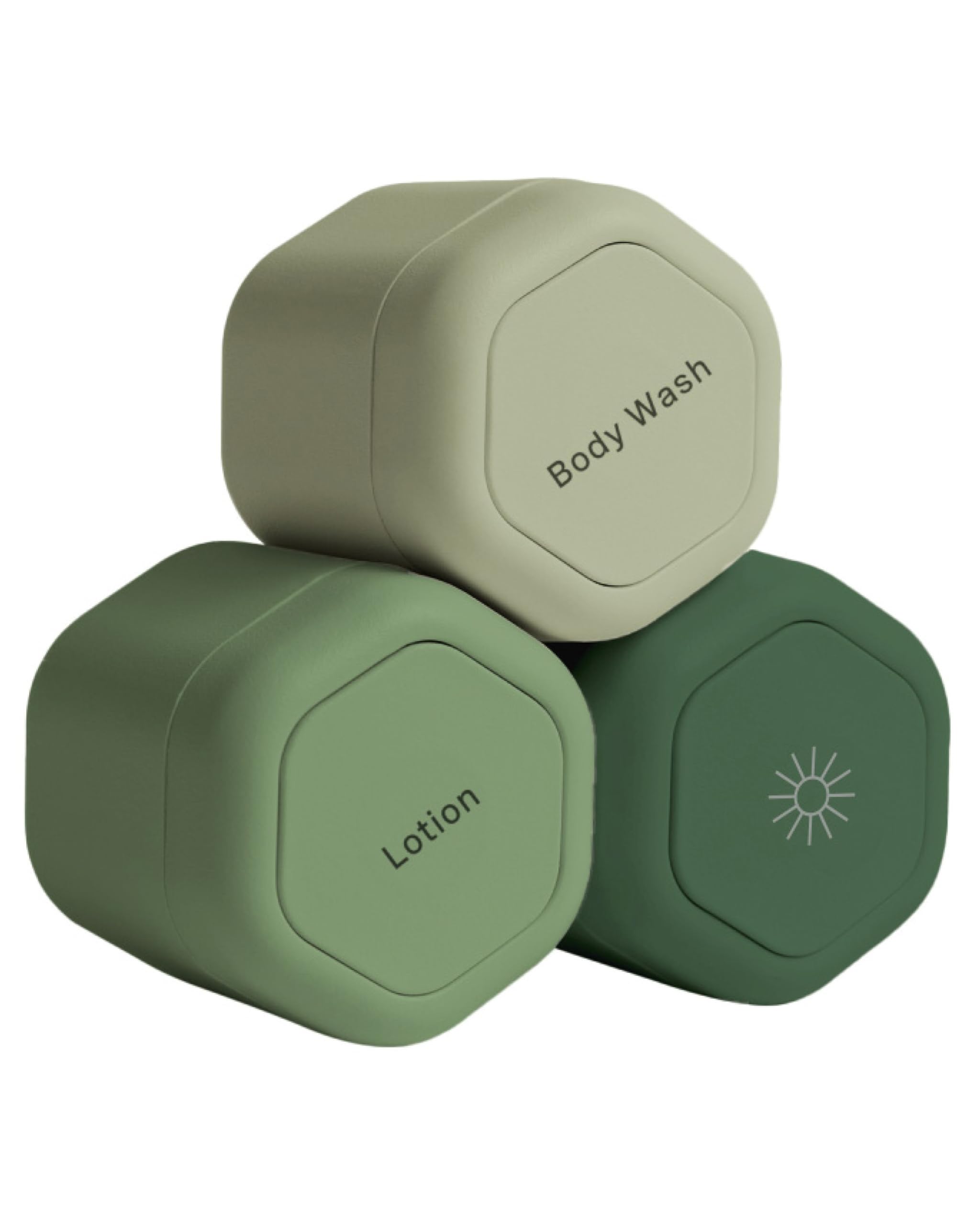 Cadence Travel Containers - Magnetic Body Care Capsule Set for Body Wash, Lotion & Sunscreen (3 Pack, 1.32oz) - Leakproof Travel Toiletries with Icon Labels - Perfect for Gym, Vacation & Airplane Carry-On