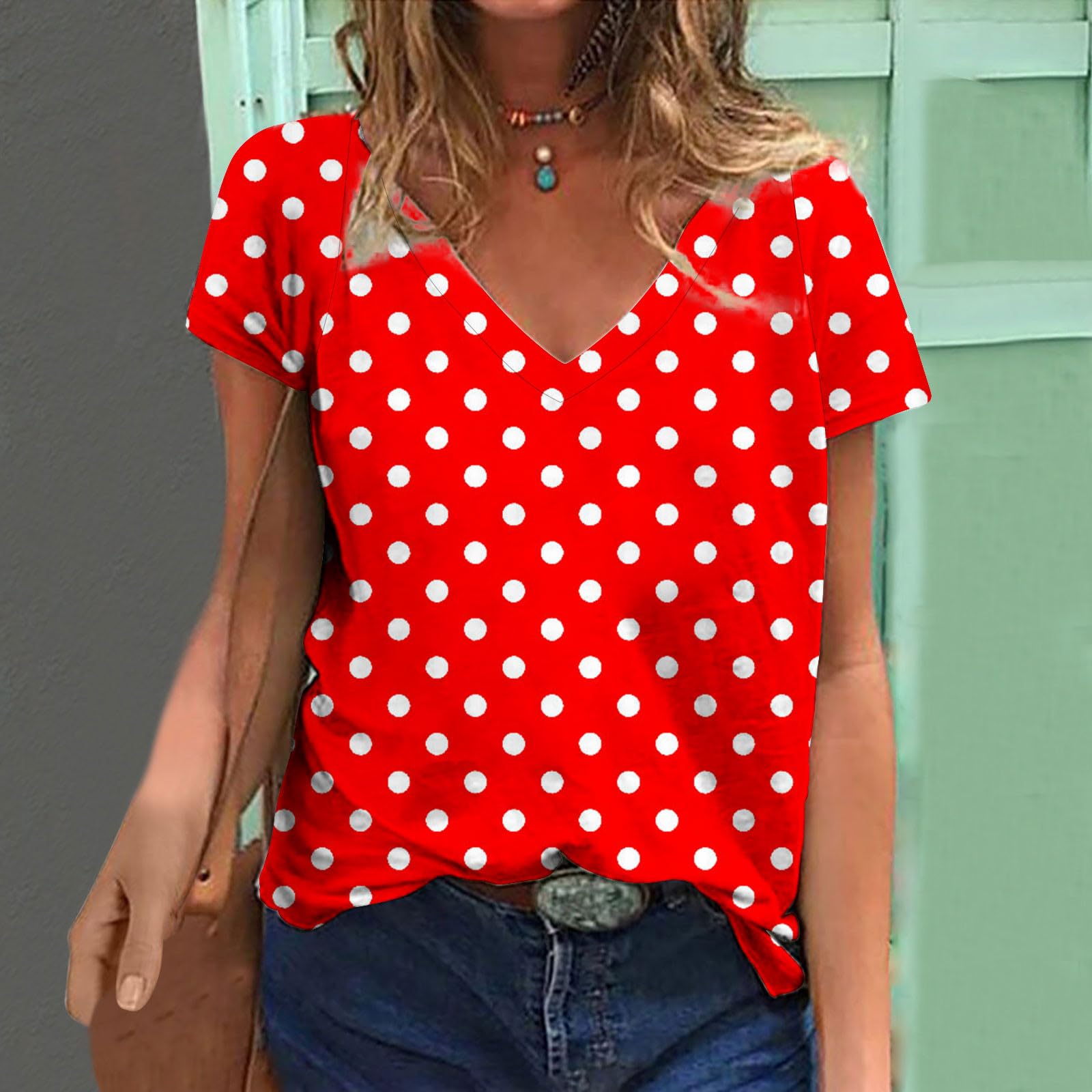 Women's Polka Dot Short Sleeve V-Neck Top - Loose Fit Casual Blouse for Summer 2024 | Perfect for Beach Outings, Date Nights & Office Wear