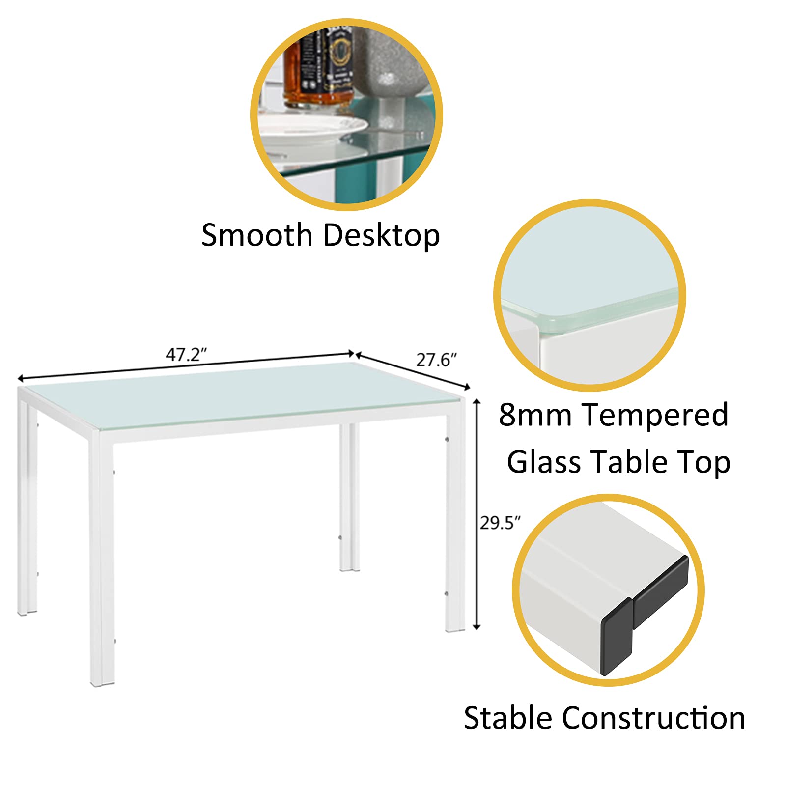 Modern 5-Piece White Rectangular Dining Table Set with Tempered Glass Top & 4 Padded Leather Chairs - Sturdy Metal Frame for Breakfast Nook, Kitchen, Dining Room - Perfect for Small Spaces & Family Gatherings