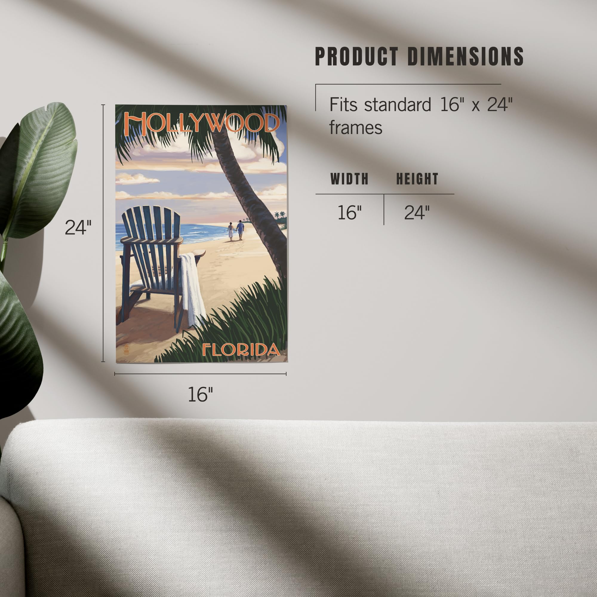 Lantern Press 16x24 Inch Giclee Art Print - Hollywood Florida Beach Scene with Adirondack Chair | Coastal Wall Decor for Living Room, Bedroom & Office