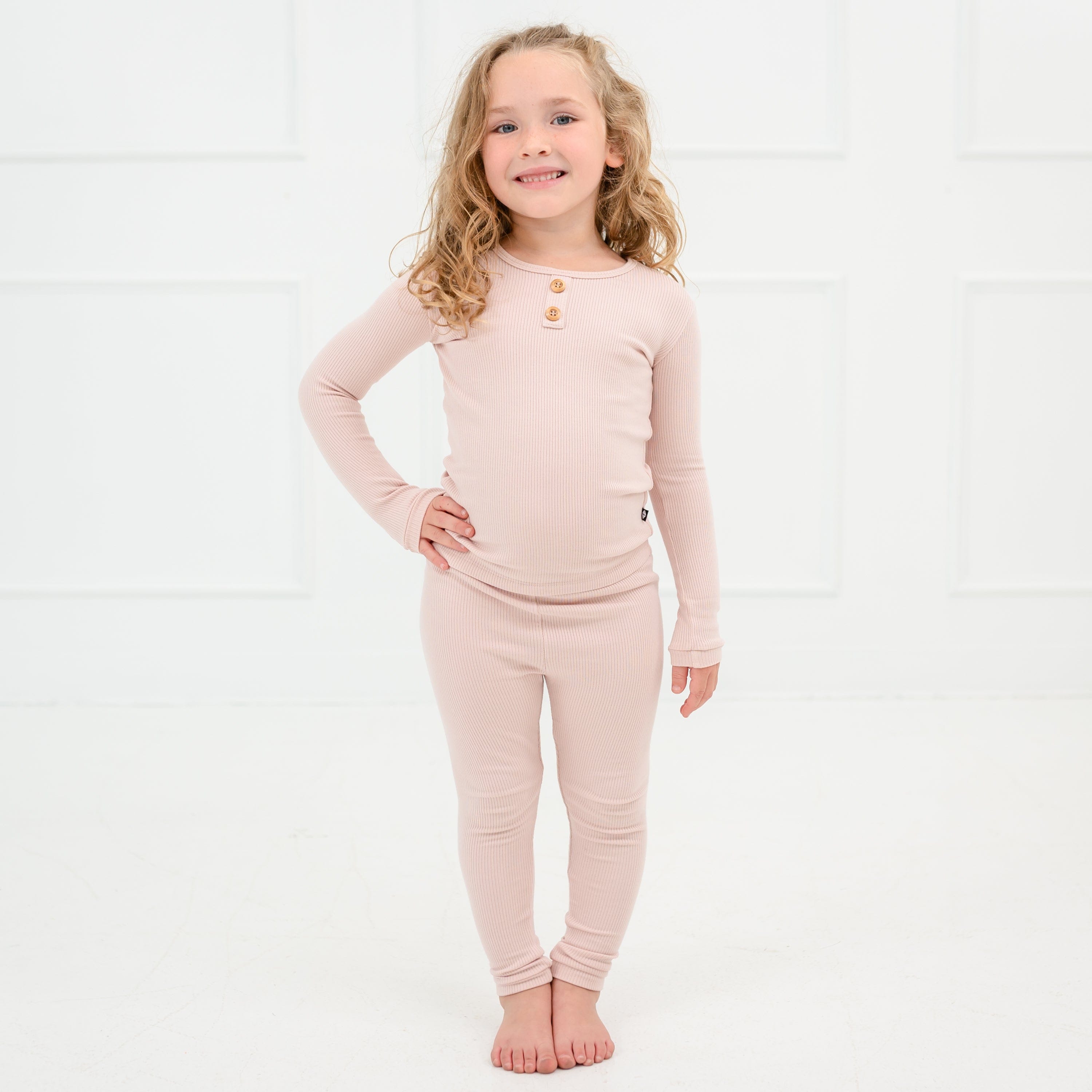 Soft Ribbed Henley Top & Pants Set in Blush Pink | Women's Casual Loungewear for Home & Outings