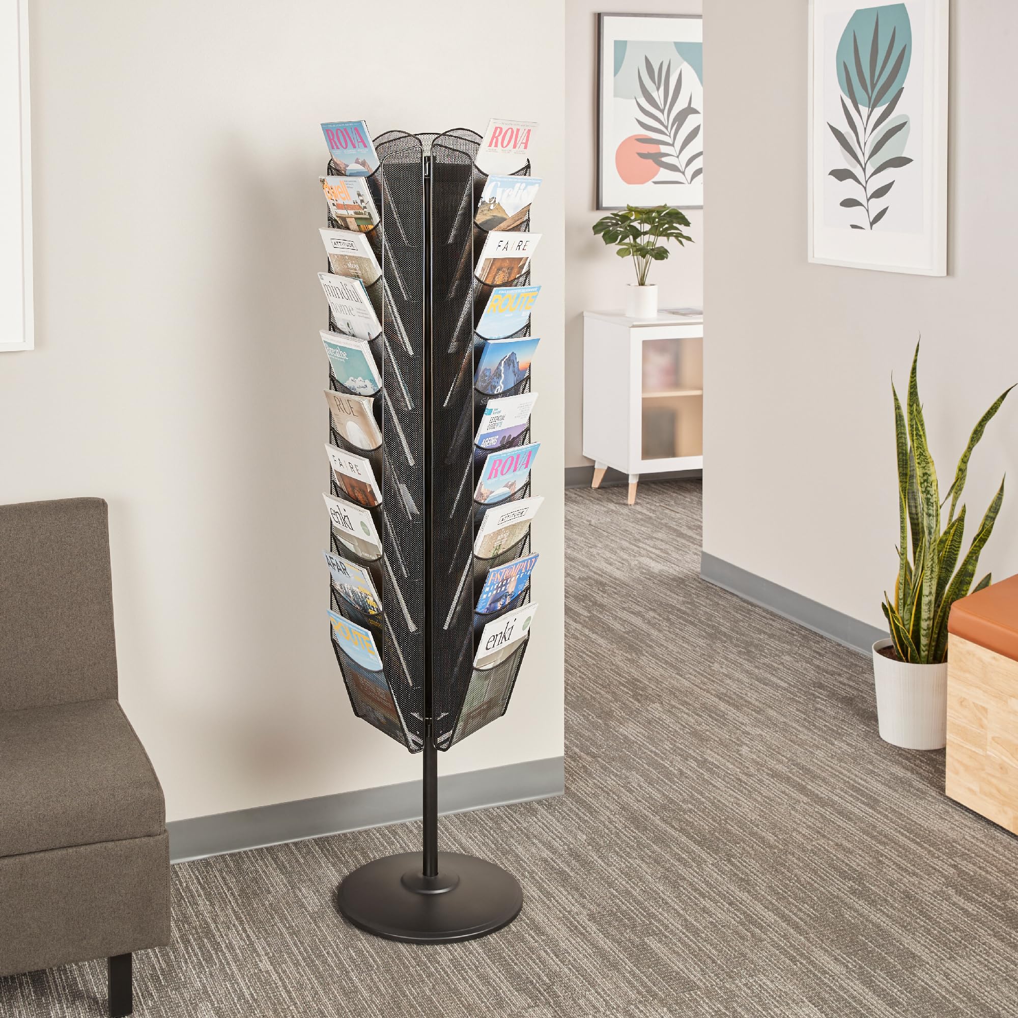 Safco Onyx Rotating Mesh Magazine Holder - 30-Pocket Display Rack & Brochure Organizer - Heavy-Duty Steel Construction in Black - Perfect for Offices, Libraries, and Retail Stores