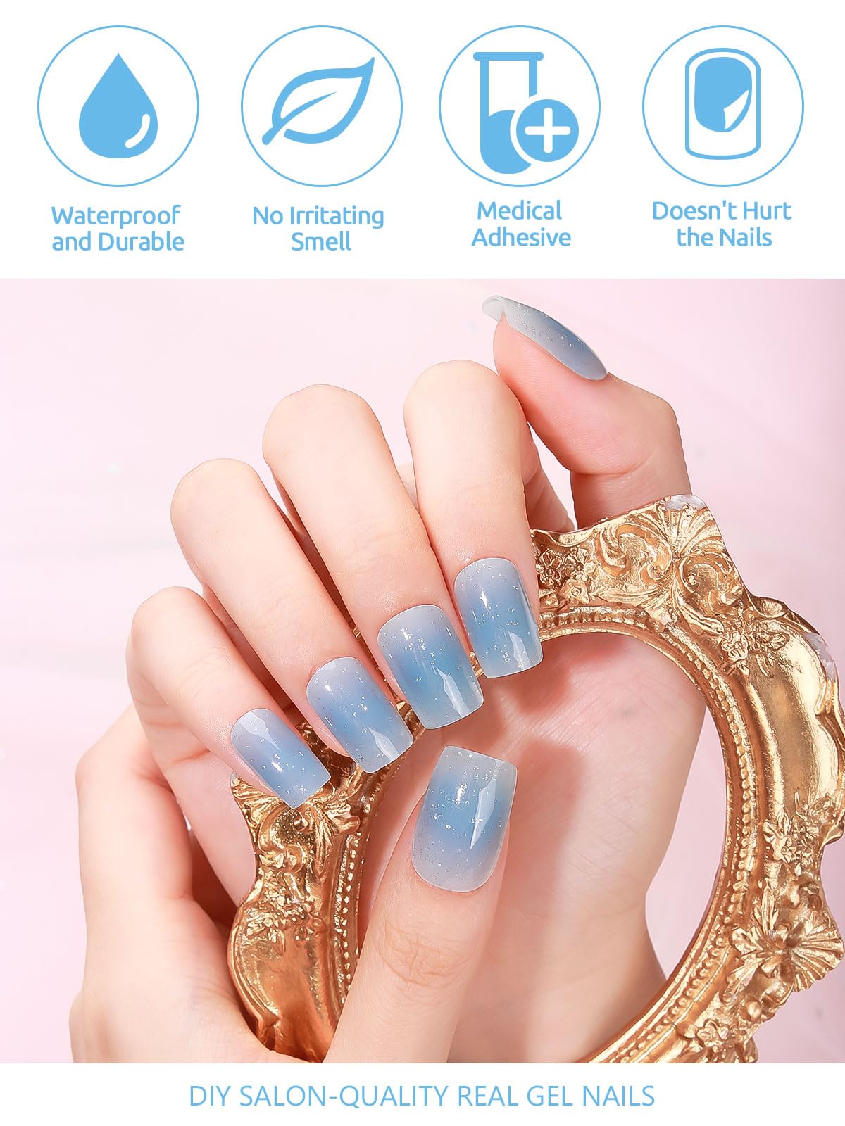 EBANKU 32PCS Cured Gel Nail Strips - Long Lasting Waterproof Nail Polish Stickers, Full Wrap DIY Nail Art Kit with UV/LED Lamp Required (Blue) | Perfect for Salon, Home Manicure, Parties & Special Occasions