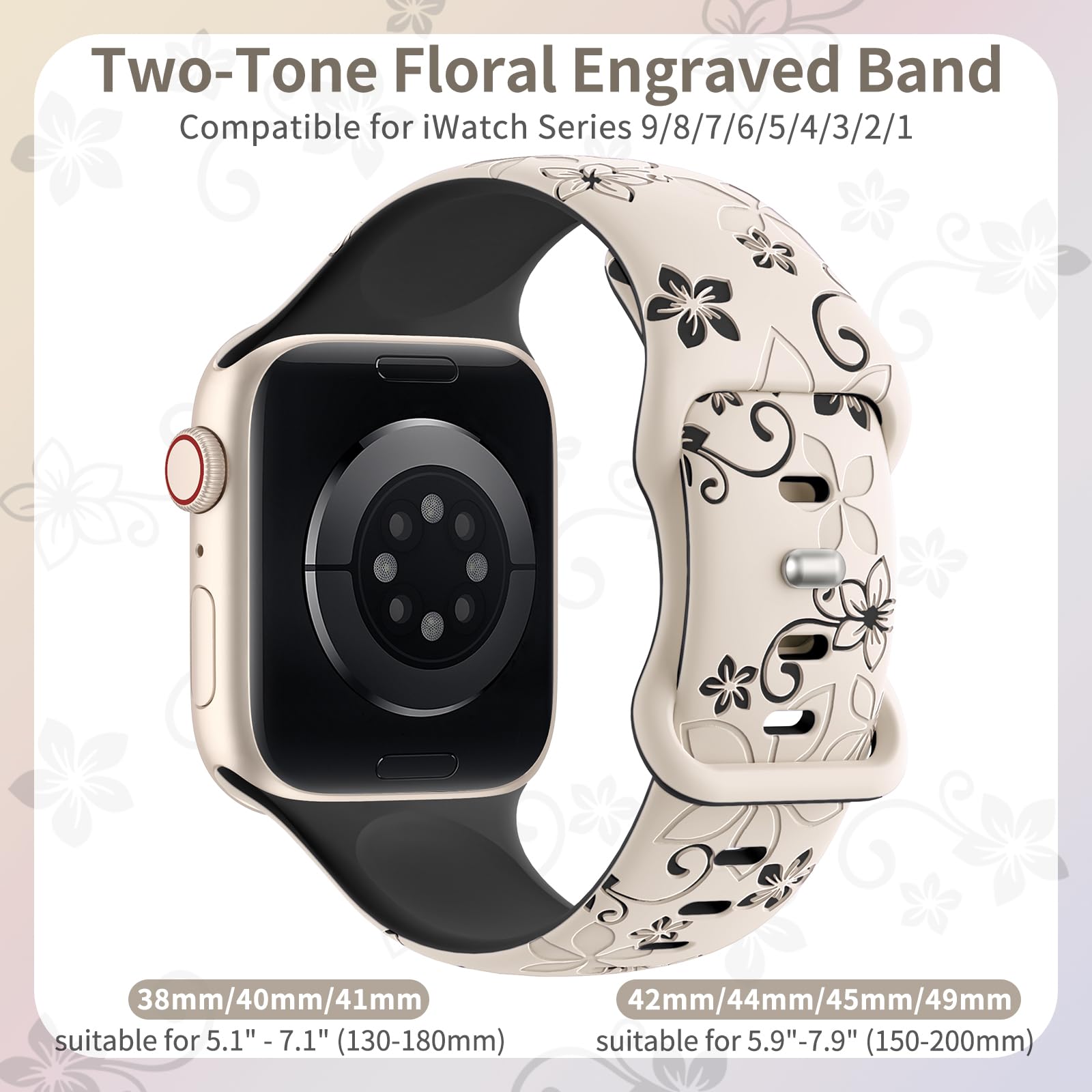 Floral Engraved Apple Watch Bands - Soft Silicone Sport Strap Compatible with 38mm 40mm 41mm 42mm 44mm 45mm 46mm 49mm (Series 1/2/3/4/5/6/7/8/9/10/SE/Ultra) - Cute Flower Design for Women - Perfect for Workouts, Daily Wear & Fashion Accessories