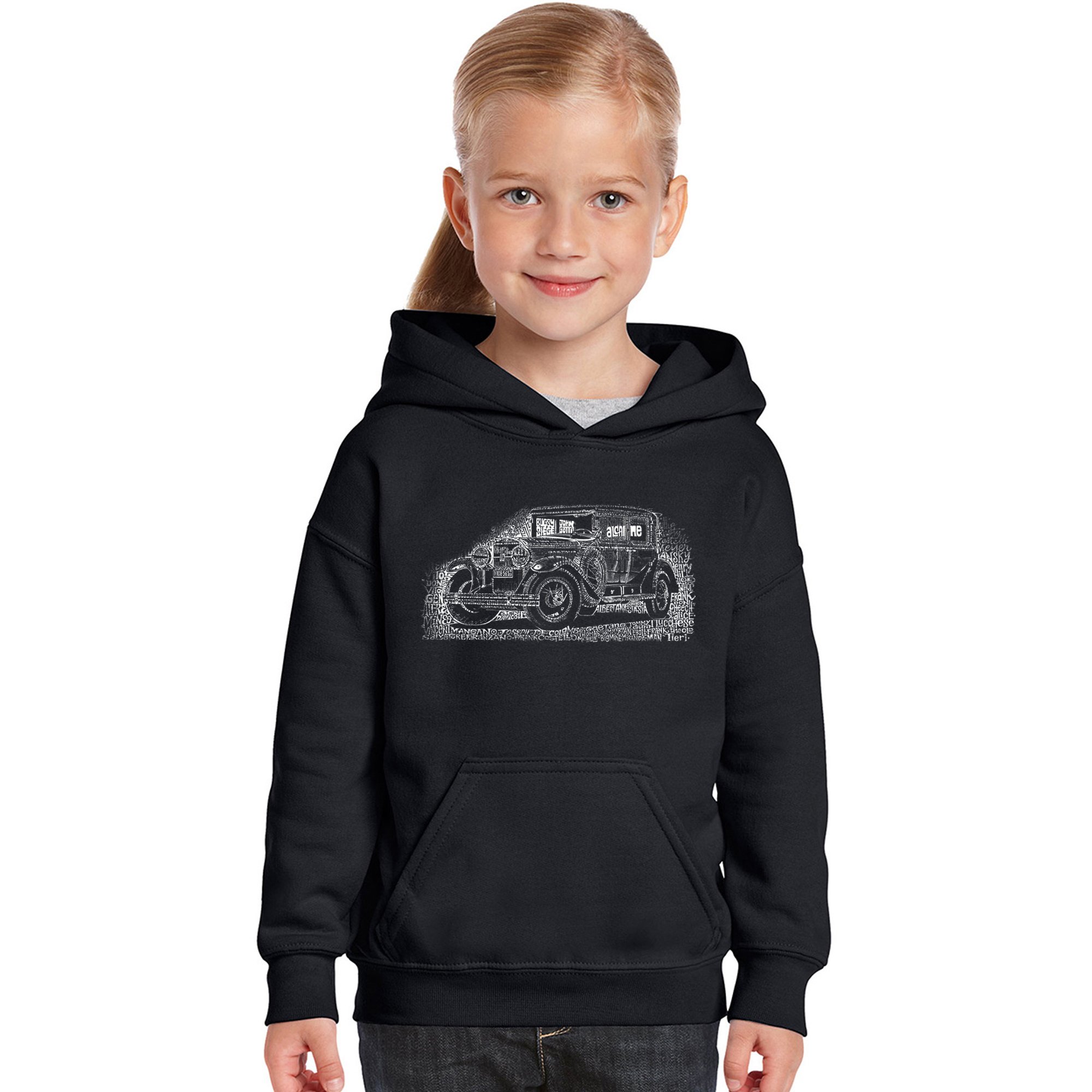 LA POP ART Girl's Word Art Hooded Sweatshirt - Legendary Mobsters Graphic Pullover | Trendy Streetwear for Teens | Perfect for School, Concerts & Urban Fashion