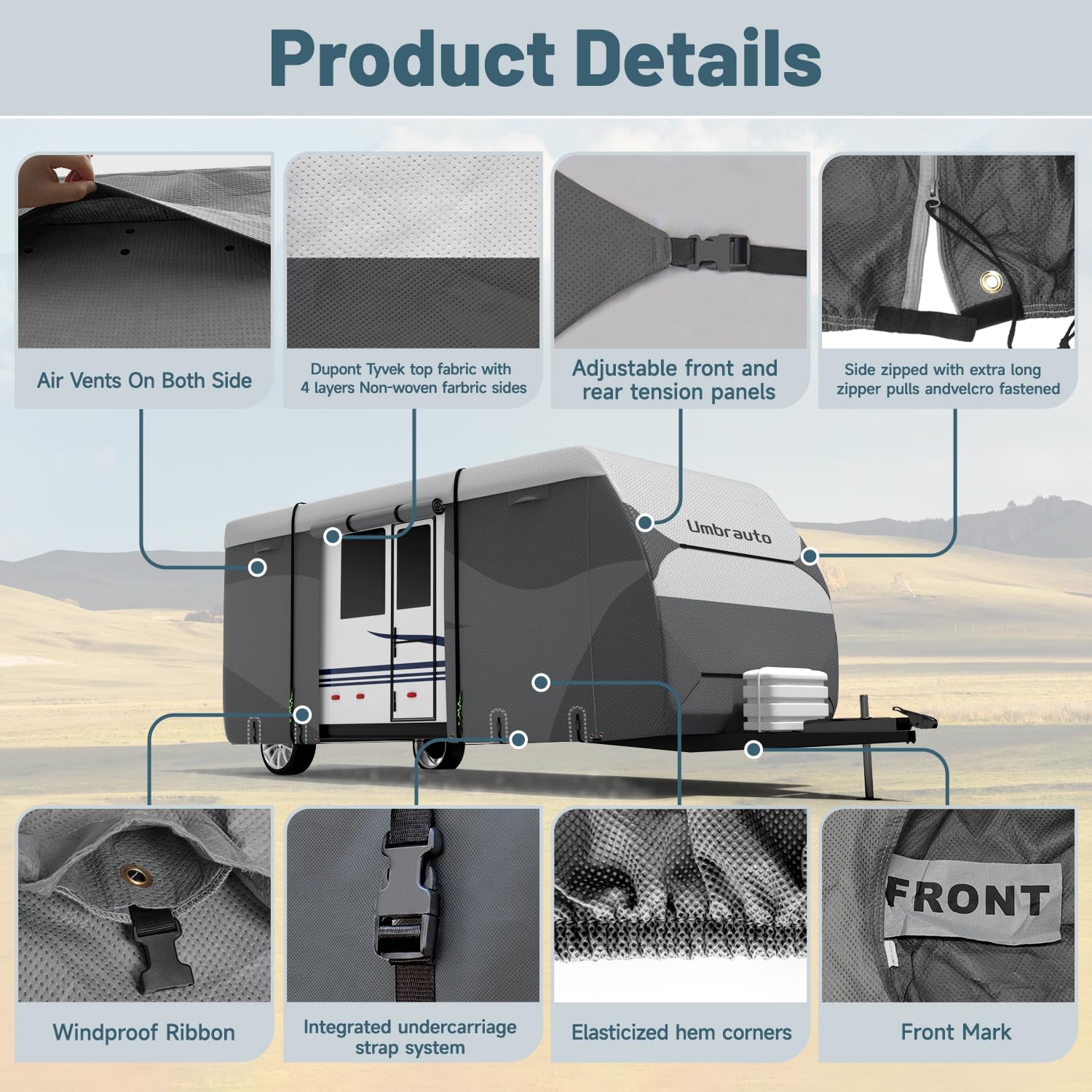 Upgraded DuPont Tyvek Waterproof RV Cover - Windproof, Anti-UV Camper Cover with 4-Layer Non-Woven Sides | Durable, Breathable Travel Trailer Cover for All-Weather Protection | Perfect for Outdoor Camping, Road Trips & RV Storage
