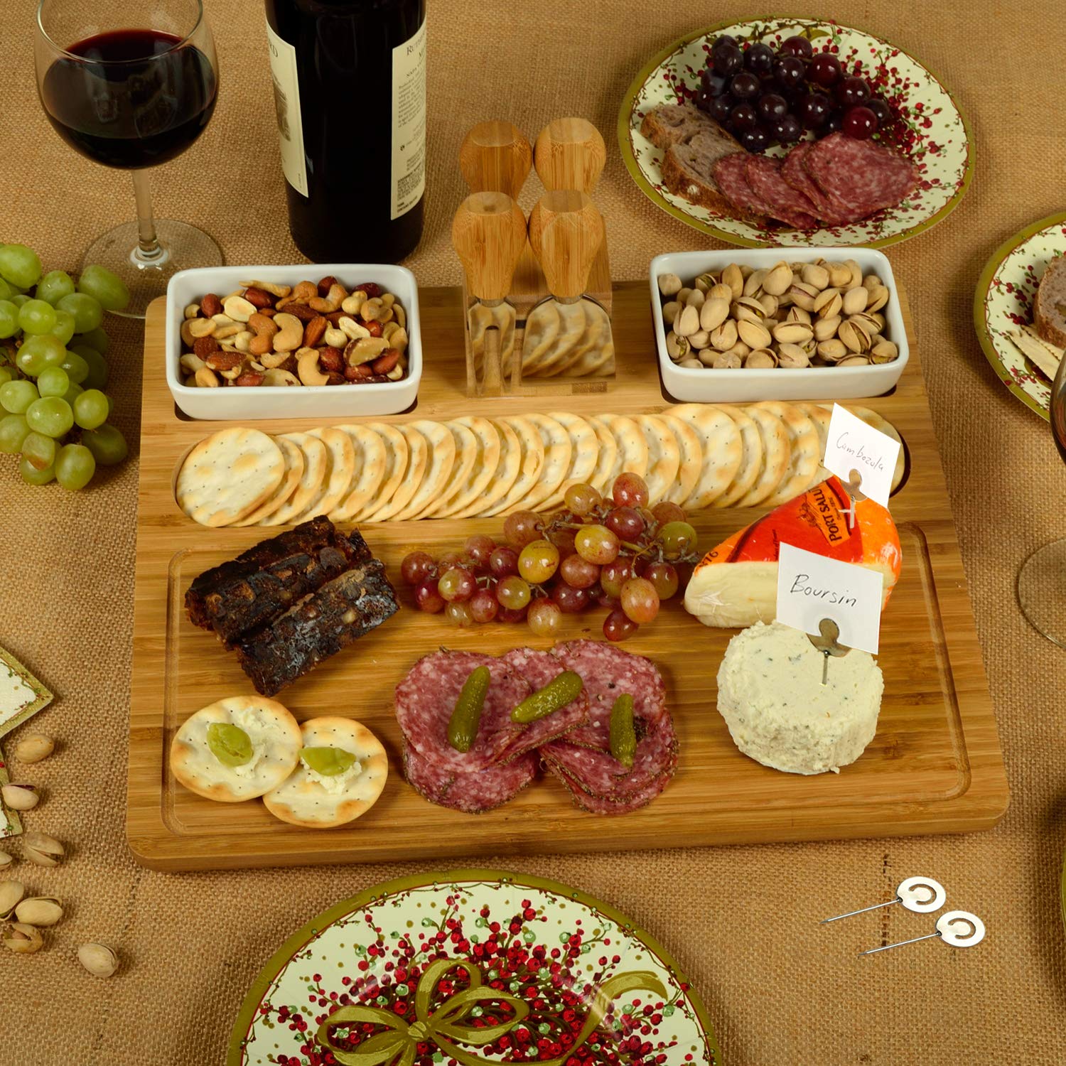 Custom Engraved Bamboo Cheese & Charcuterie Board Set with Ceramic Bowls & Cheese Tools - Personalized Wedding & Housewarming Gift - Perfect for Entertaining, Wine Pairings & Charcuterie Displays