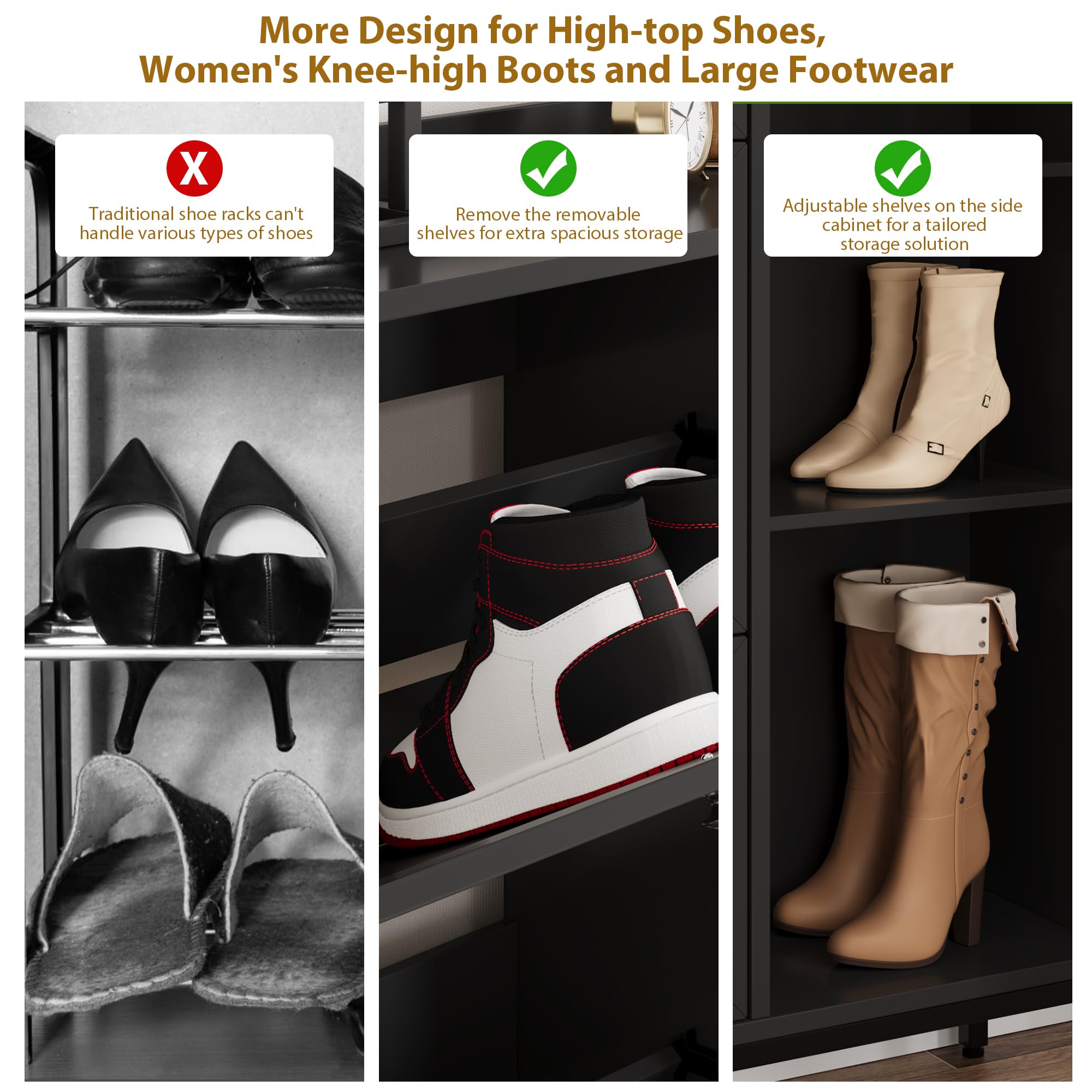 Rattan Shoe Storage Cabinet with 3 Flip Drawers - Freestanding Entryway Organizer with Adjustable Shelves, Narrow Hallway Shoe Rack - Easy Assembly Black | Perfect for Small Spaces, Closet Organization & Entryway Decor
