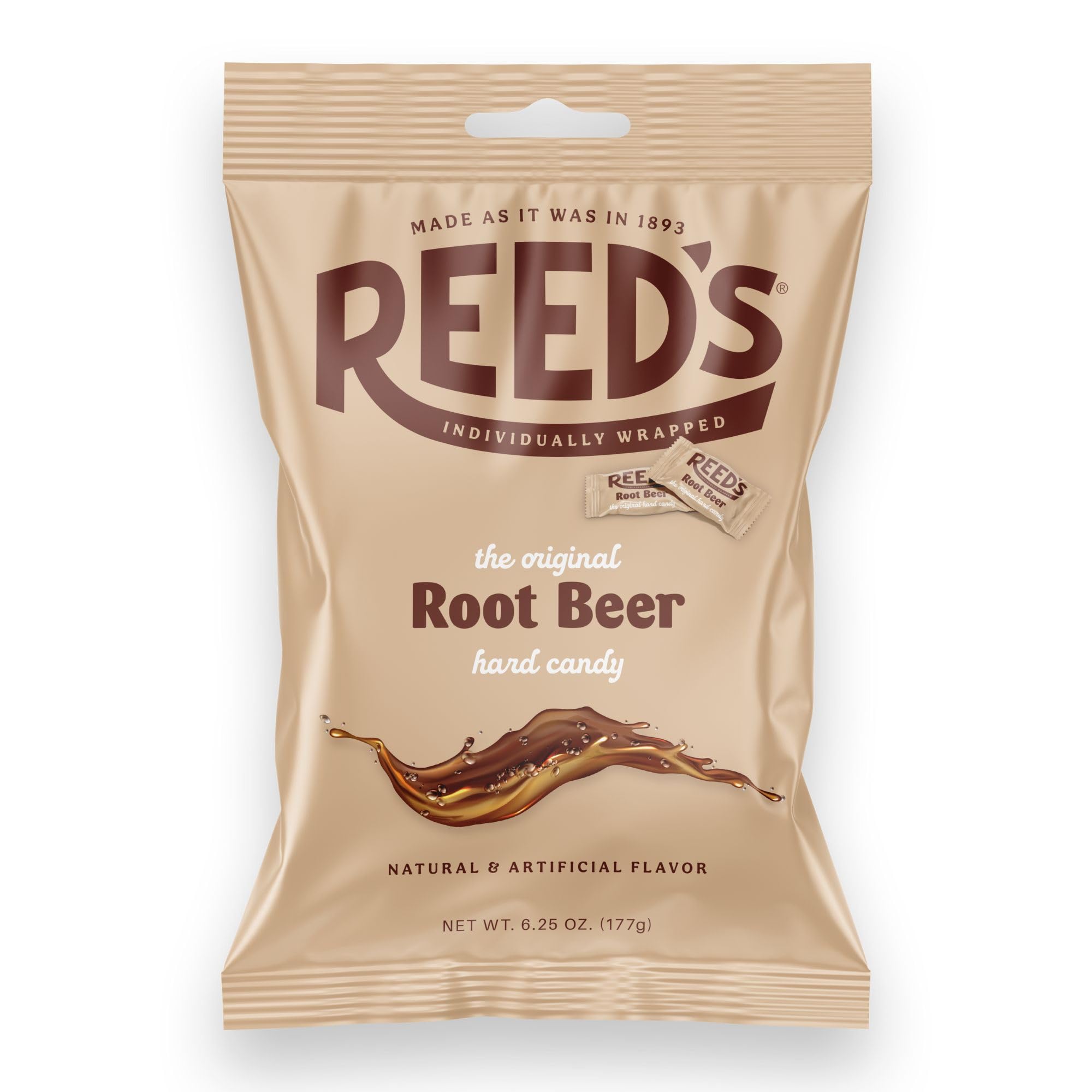 Reed's Individually Wrapped Root Beer Hard Candy - 6.25oz Peg Bag | Old-Fashioned Creamy Root Beer Flavor | Classic American Treat for Parties, Movie Nights & Gift Baskets