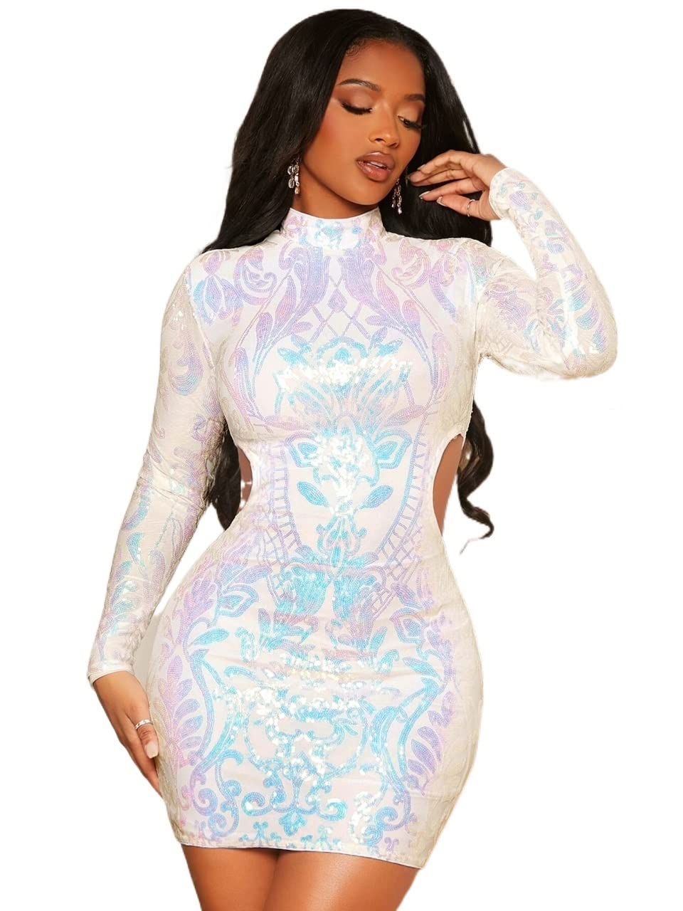 RICHAURA Women's Baroque Print Sequin Bodycon Dress - Elegant Cut Out Mock Neck Casual Party Dress for Night Out, Club, Date Night & Special Occasions