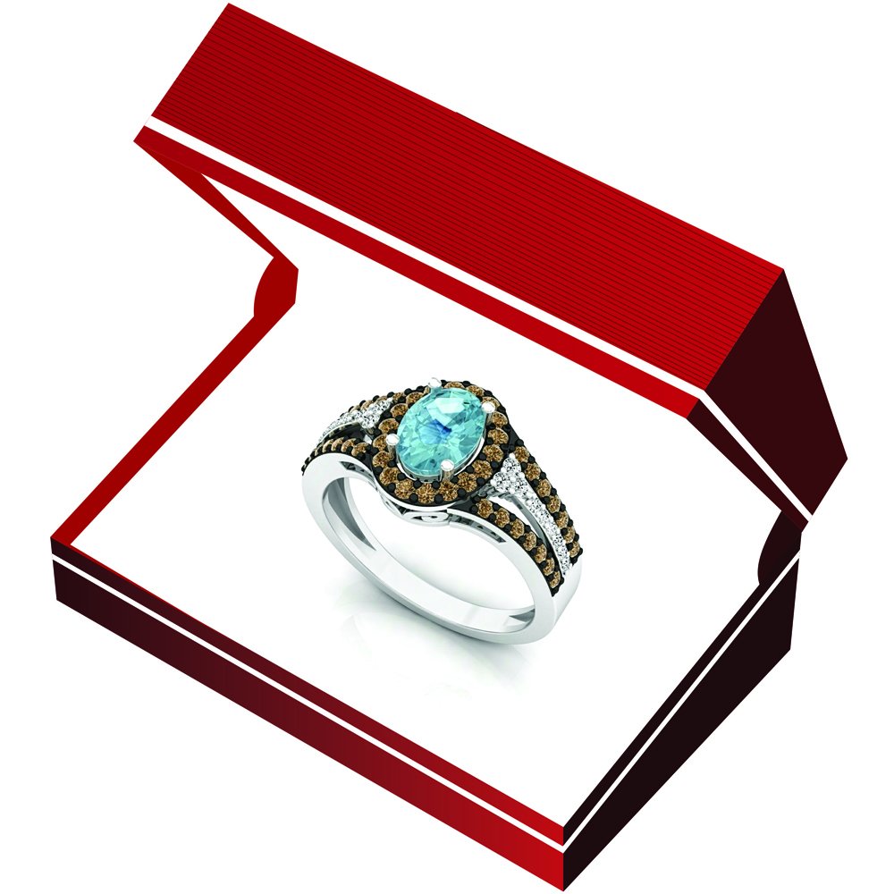 14K Solid White Gold Blue Topaz Champagne & White Diamond Halo Engagement Ring for Women – Elegant Bridal Jewelry for Proposals, Weddings & Anniversaries