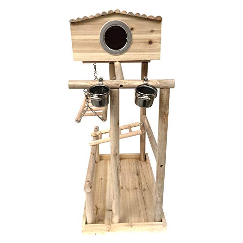 Natural Wood Bird Perch Stand with Bird House - Parrot Toy Playground, Swing, Bridge & Ladder for Macaw, Cockatiel, Budgie, Conure - Cage Accessories for Climbing, Playing & Resting - Perfect for Bird Cages, Aviaries & Pet Play Areas