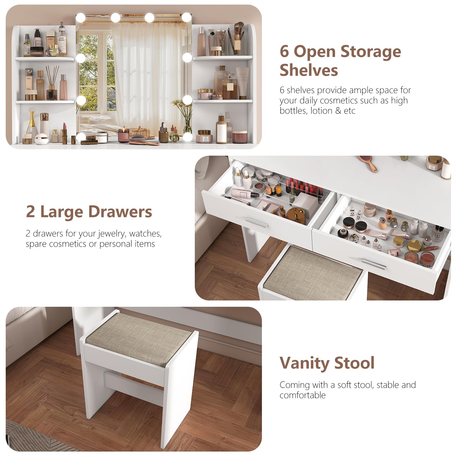 USIKEY White Makeup Vanity Set with LED Mirror & 10 Lights, 2 Drawers & Open Shelves - Dressing Table with Cushioned Stool for Bedroom, Bathroom & Beauty Salon | Perfect for Makeup Application & Skincare Routine