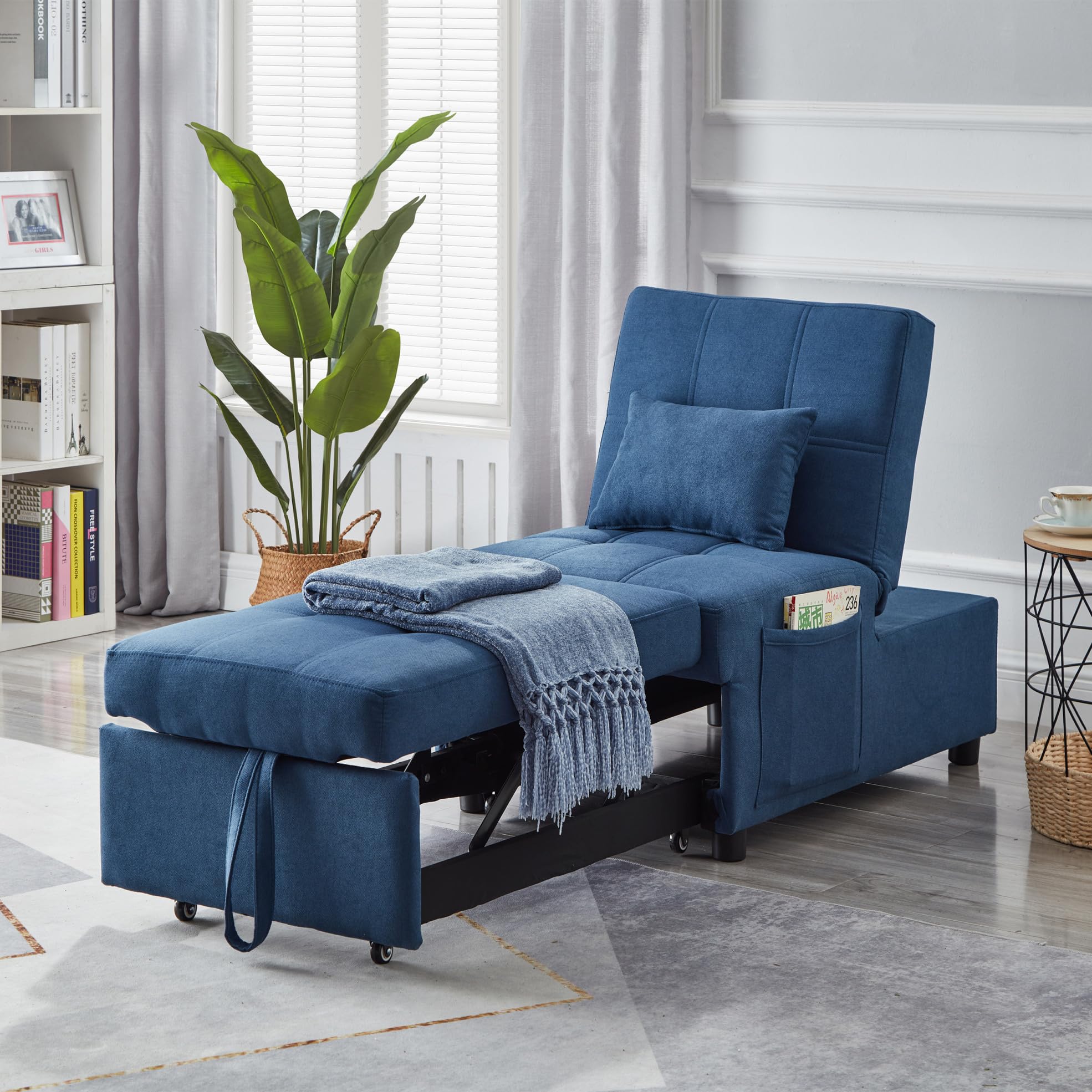 3-in-1 Convertible Futon Sofa Bed Chair - Multi-Functional Tufted Sleeper with Adjustable Backrest - Modern Linen Fabric Recliner for Small Spaces - Perfect for Living Room, Bedroom, Apartment & Guest Room (Blue)