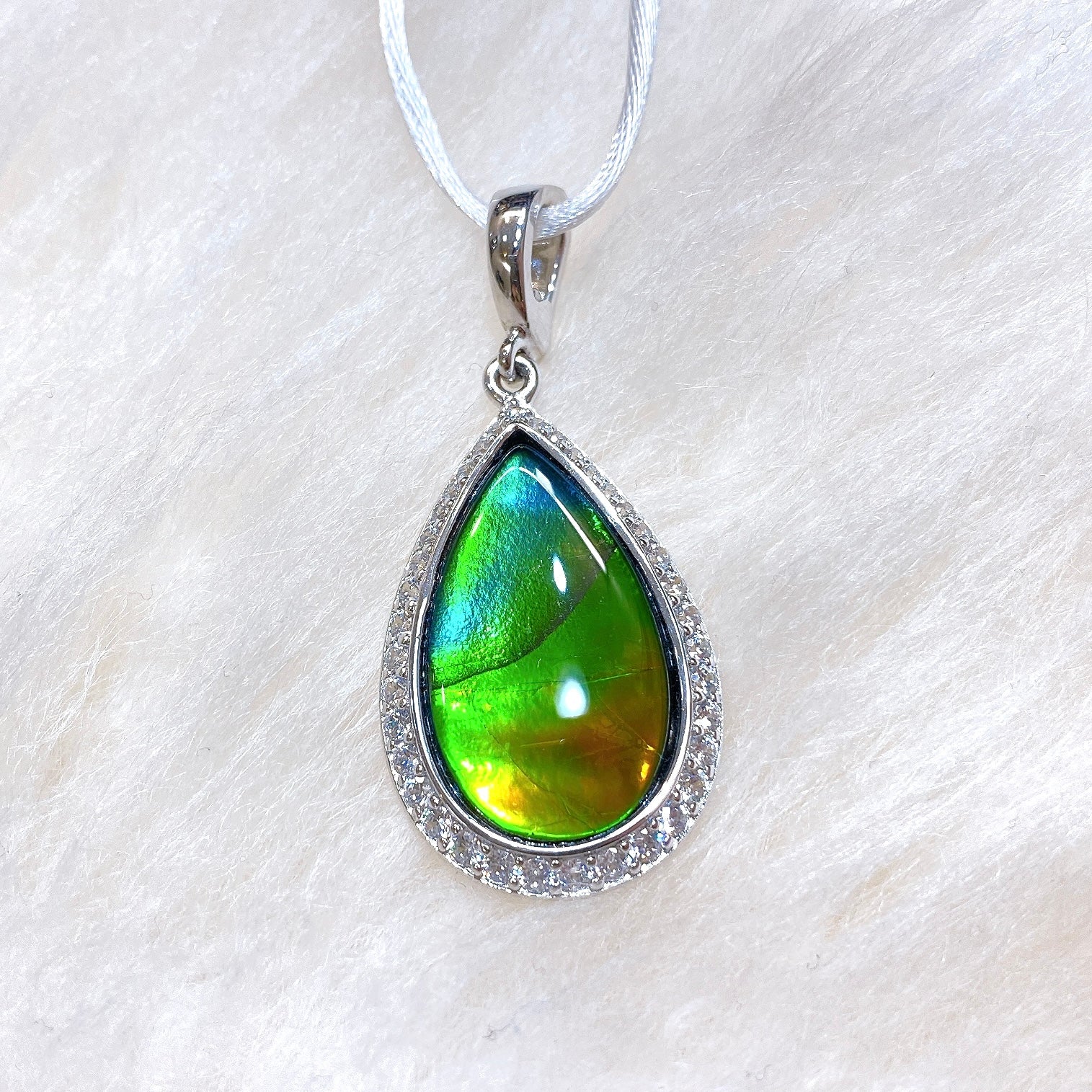 Elegant Sterling Silver Teardrop Ammolite Pendant with Swarovski Crystals | Natural Gemstone Jewelry for Women | Perfect Gift for Birthday, Anniversary & Special Occasions