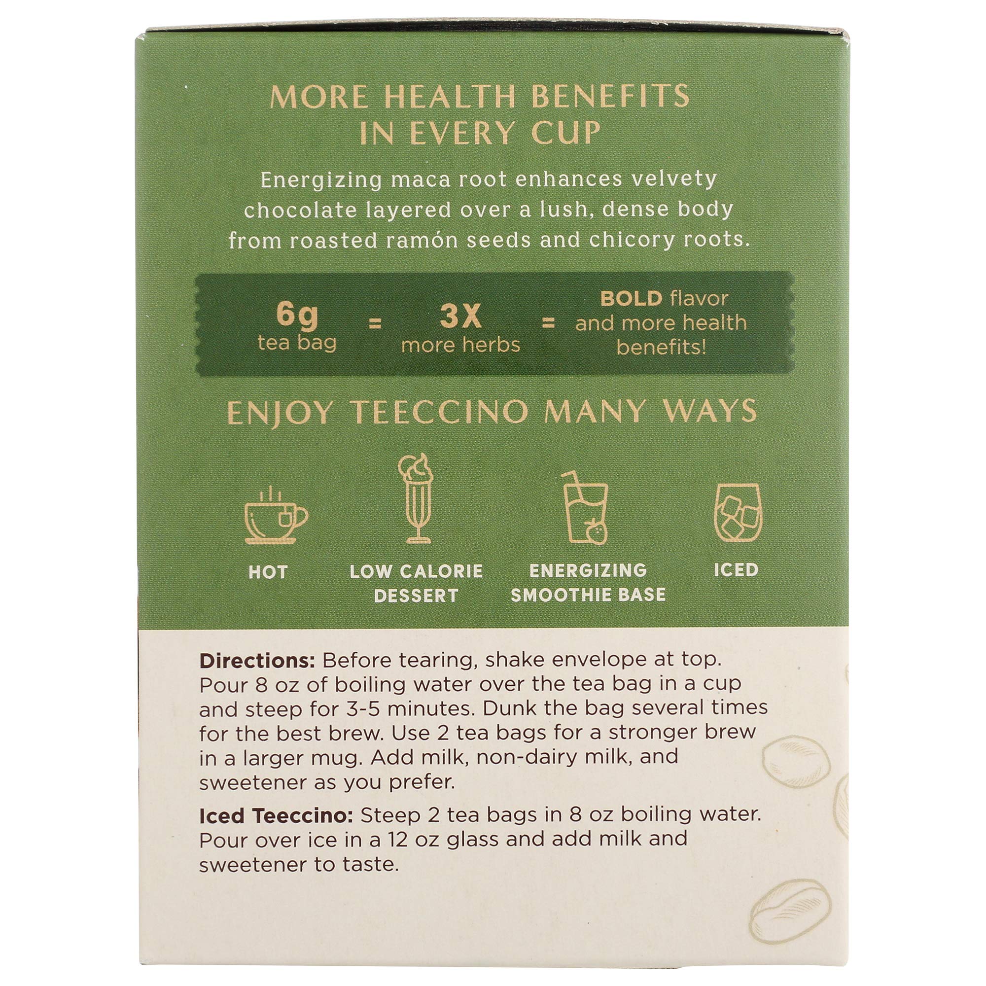 Teeccino Herbal Tea – Maca Chocolaté – Caffeine Free Coffee Alternative with Adaptogenic Peruvian Maca, Cacao & Chicory – Prebiotic, Acid Free – 10 Tea Bags (Pack of 4) – Perfect for Relaxation, Digestion & Healthy Lifestyle