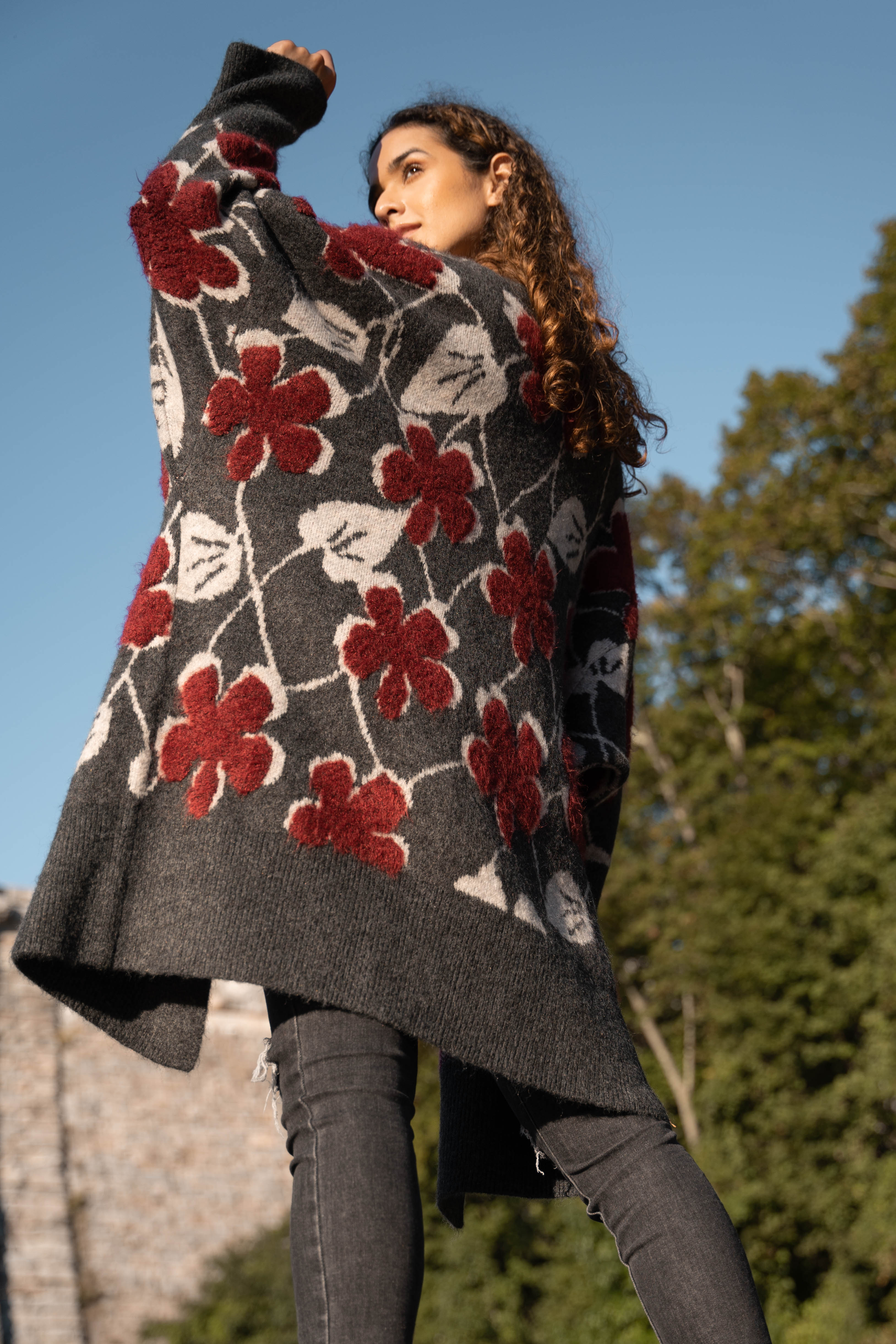 Floral Knitted Long Cardigan for Women - Boho Chic Lace-Up Open Front Sweater for Spring & Fall - Perfect for Casual Outfits, Office Wear, and Date Nights