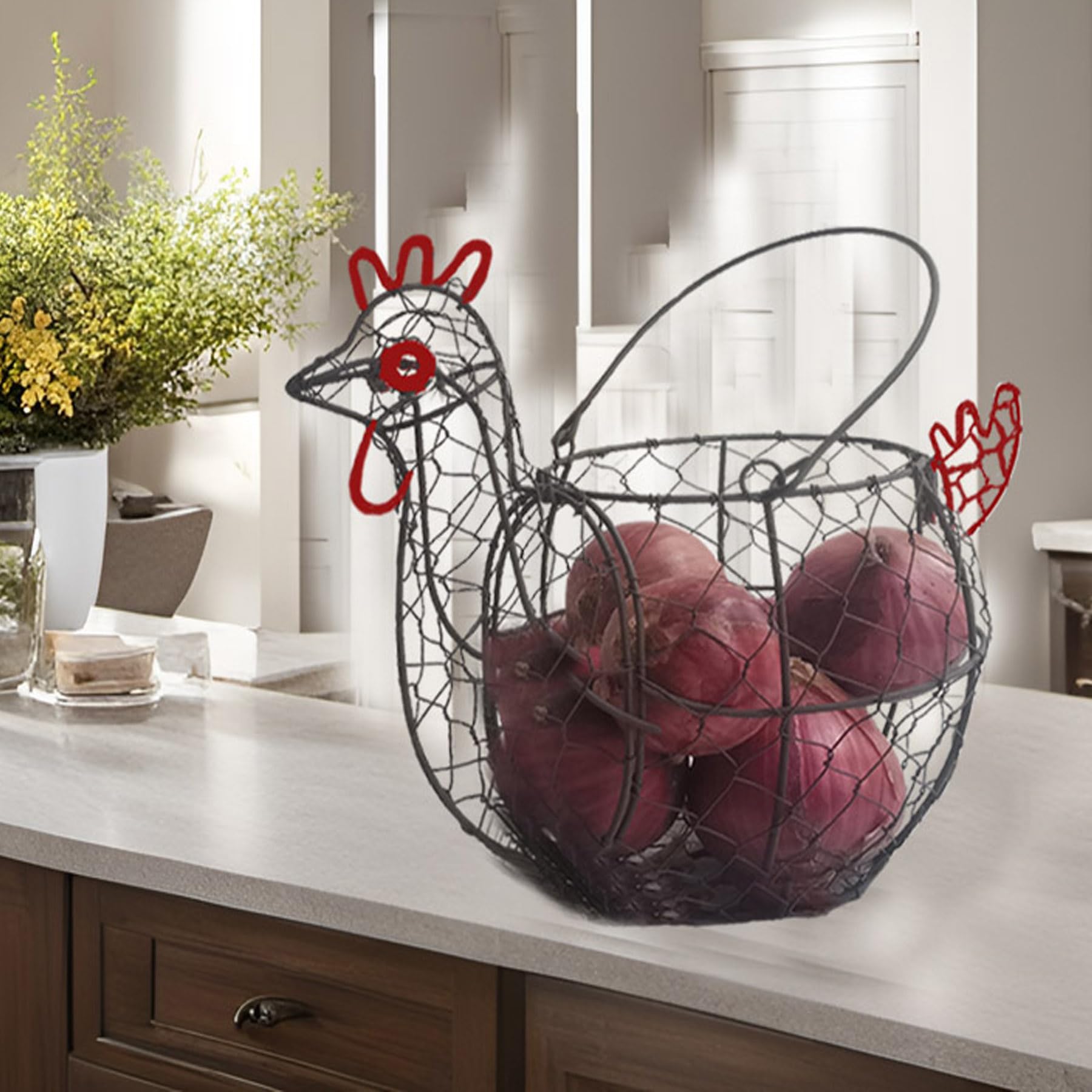 TAIANLE Metal Wire Chicken Egg Basket with Handle - Rooster Shaped Organizer for Collecting Fresh Eggs, Kitchen Countertop & Farmhouse Decor - Perfect for Egg Storage, Fruit Display & Rustic Home Decor