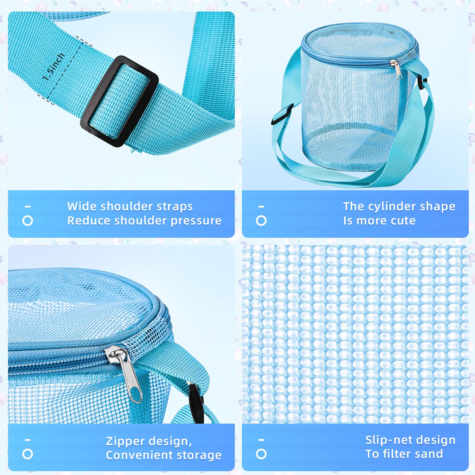 Frienda 4-Piece Large Mesh Beach Tote Bags with Adjustable Straps & Zipper - Cylindrical Storage for Sand Toys, Swim Gear & Summer Essentials - Pink, Blue, Green, Purple for Boys & Girls - Perfect for Beach Trips, Pool Parties & Outdoor Adventures