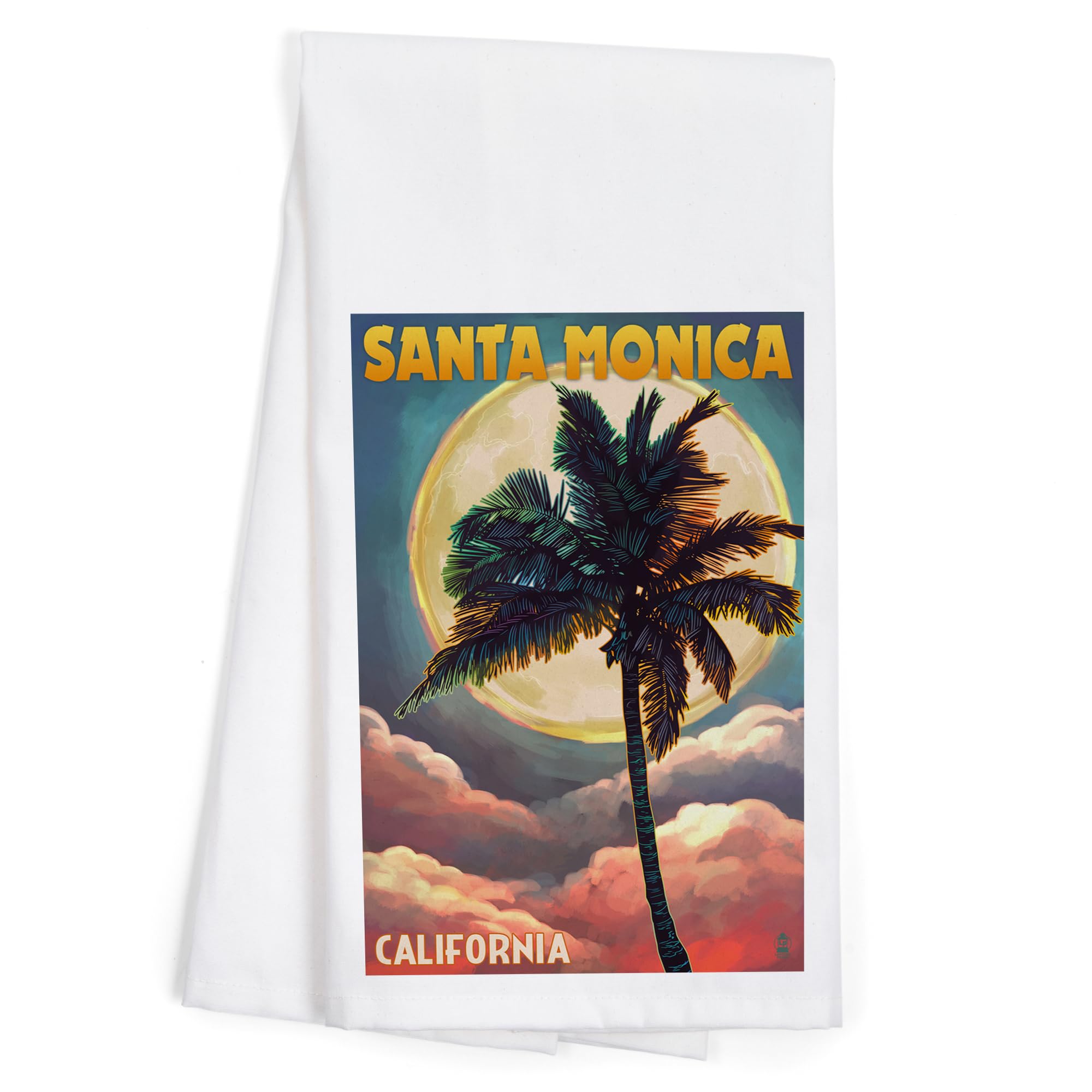Santa Monica California Palm & Moon 100% Cotton Tea Towel - Decorative Hand Towel for Kitchen, Home Decor, Gift - Perfect for Drying Dishes, Decorating, and Beach House Style