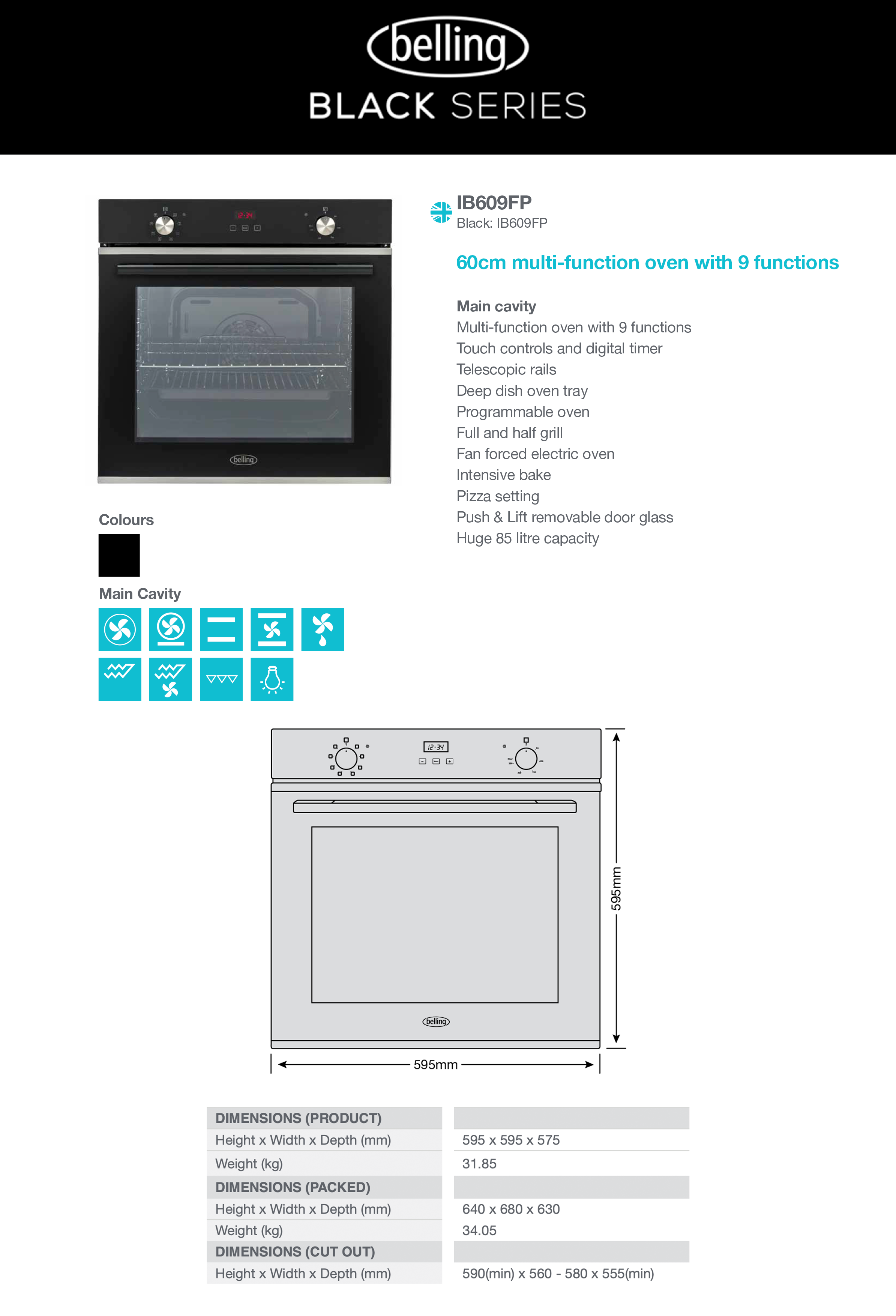 Belling IB609FP 60cm Electric Fan Forced Oven - Energy Efficient Built-in Oven with Digital Controls | Perfect for Baking, Roasting & Cooking Family Meals | Kitchen Appliance Clearance Sale