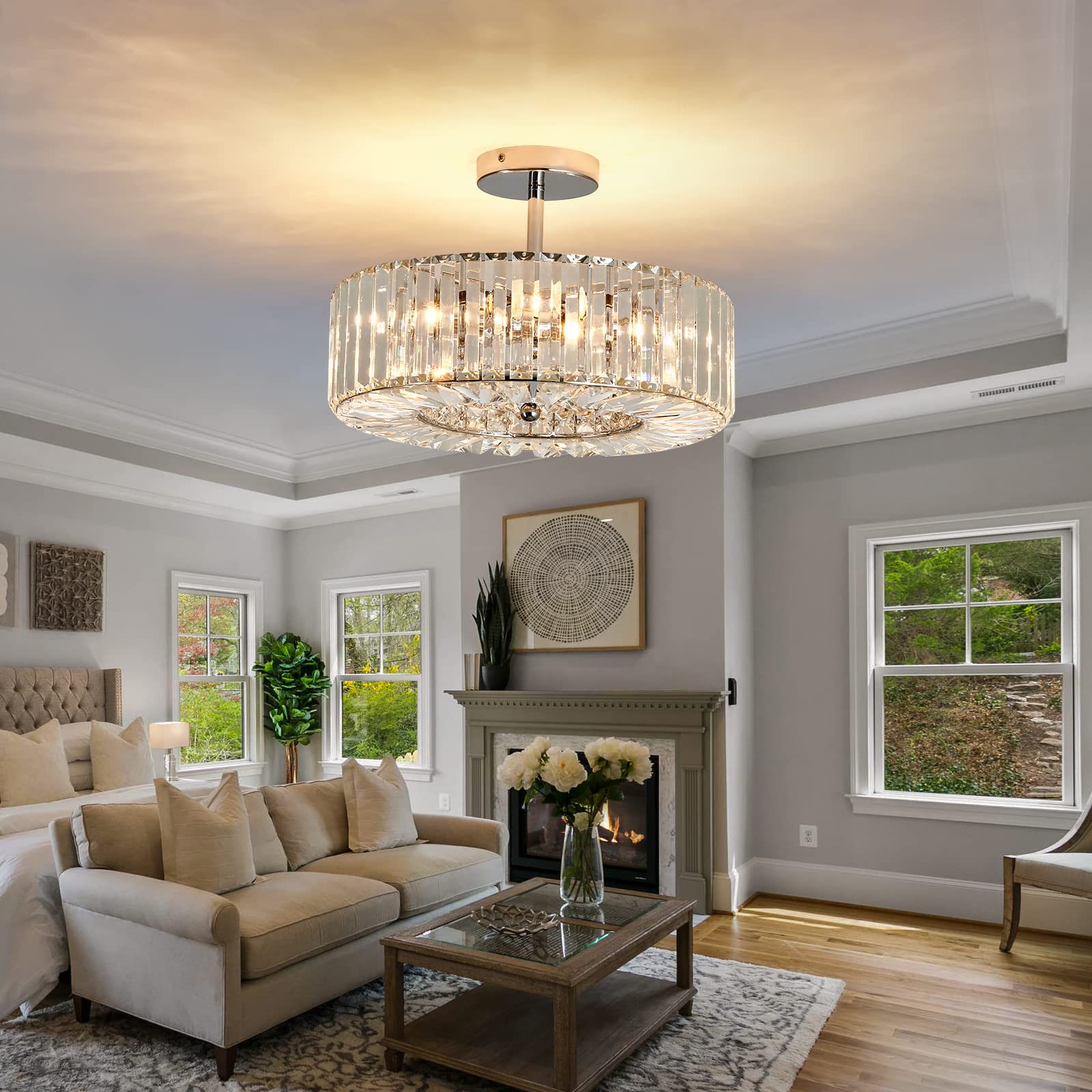 4-Light Modern Crystal Chandelier - Round Semi-Flush Mount Ceiling Light Fixture in Chrome Finish - Farmhouse Style Lighting for Dining Room, Living Room, Bedroom, Hallway, Entryway & Kitchen - Perfect for Home Decor, Wedding Venues and Restaurant Ambiance