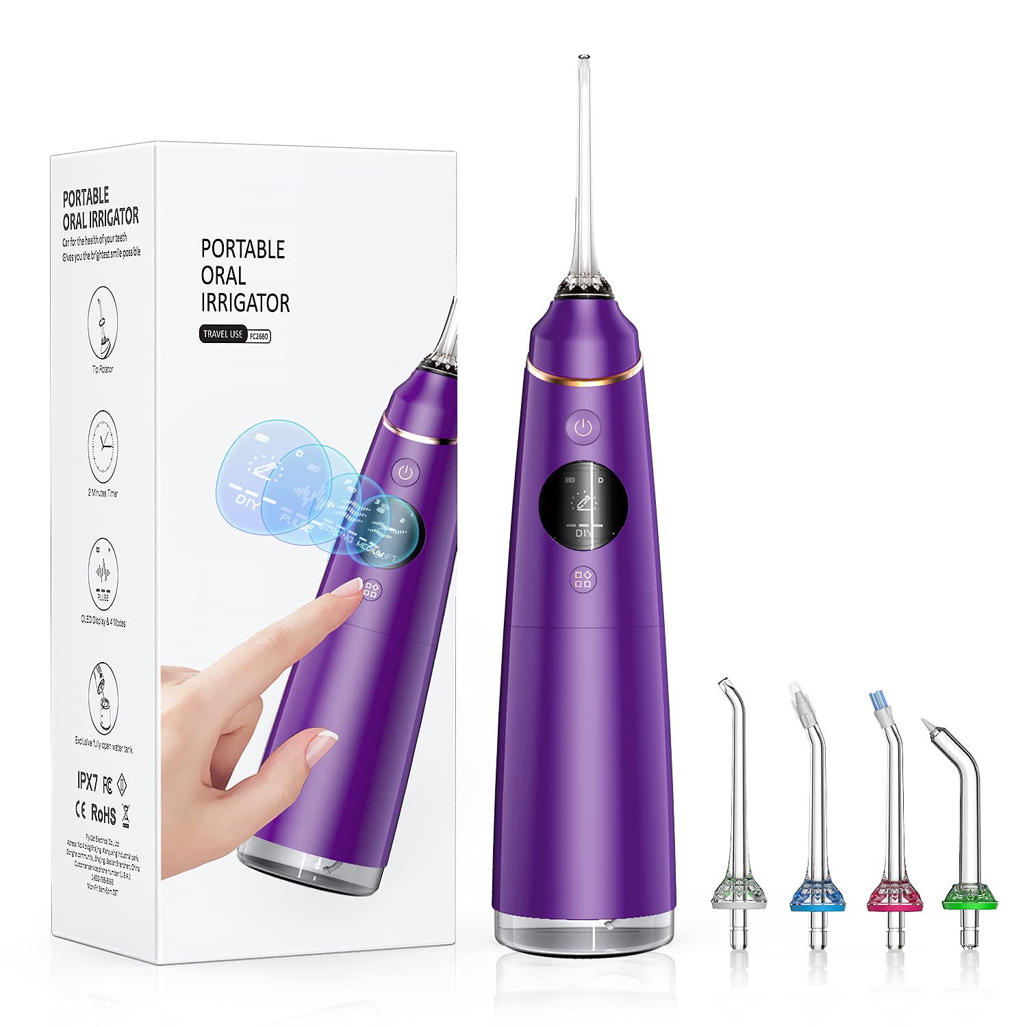 **Cordless Water Flosser for Teeth Cleaning - 4 Modes & 10 DIY Modes, 300ML Rechargeable IPX7 Waterproof Dental Irrigator with OLED Display | Oral Care Water Jet Cleaner for Travel, Home & Shower Use (Purple)**    **Usage Scenarios:** Perfect for daily oral hygiene, travel-friendly dental care, and refreshing showers. Ideal for braces, implants, and gum health maintenance.