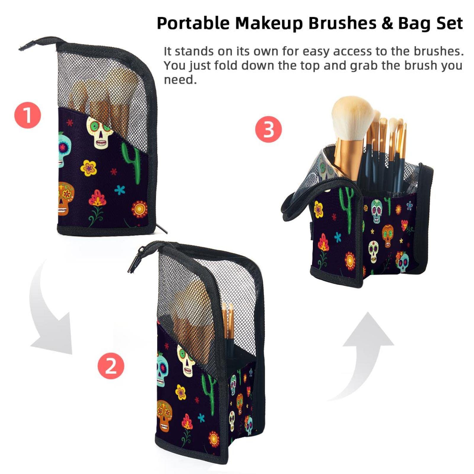 12-Piece Sugar Skull Makeup Brush Organizer Bag with Floral Design - Portable Cosmetic Brush Holder Case for Travel & Home Storage | Perfect for Makeup Artists & Beauty Enthusiasts