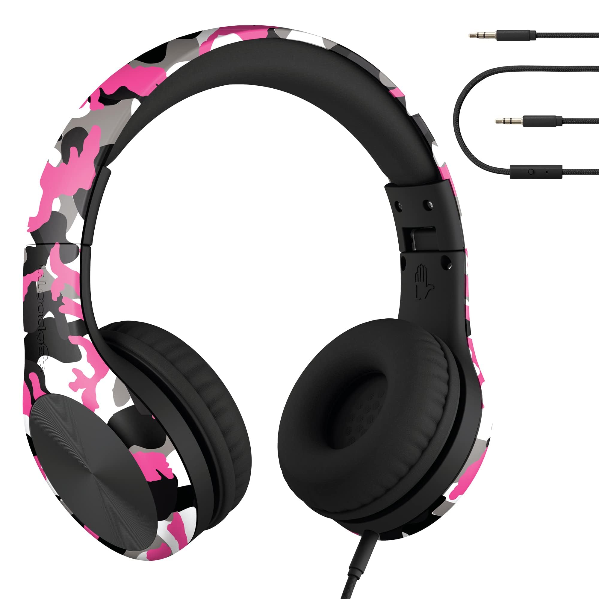 LilGadgets Connect+ Pro Wired Kids Headphones for School - Volume Limited Safe Listening (85dB) with Microphone, Noise Reduction & SharePort Technology - Soft Touch Over-Ear Cushions & Durable Cord - Pink Camo Design - Perfect for Classroom, Online Learning & Travel