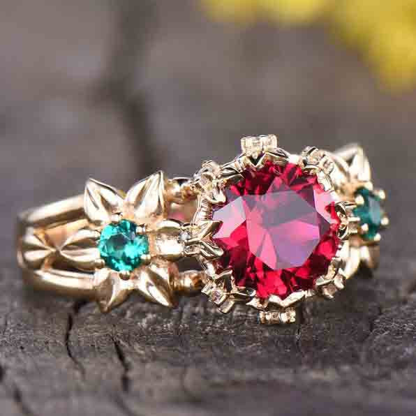 Vintage Ruby and Emerald Engagement Ring - Unique Floral Design for Wedding, Proposal, Anniversary, and Special Occasions