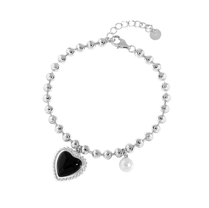 Silver Bead Black Puffed Heart Bracelets for Women - Trendy Adjustable Charm Bangle for Valentine's Day, Anniversary, Party & Everyday Wear | HB585