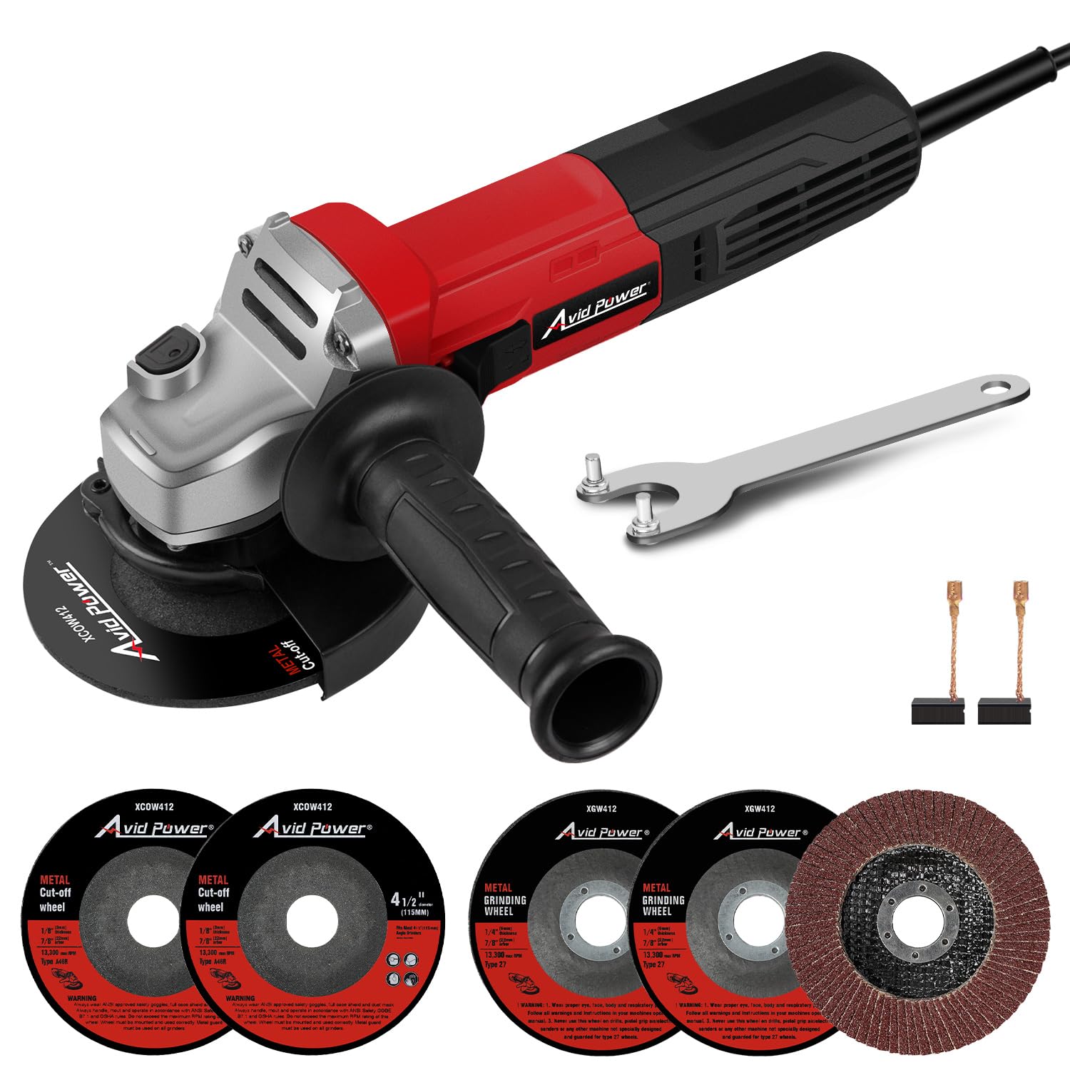 **AVID POWER 7.5-Amp 4-1/2 Inch Angle Grinder with 3 Grinding Wheels, Cutting Wheel & Flap Disc – Electric Power Tool for Metal Cutting, Grinding, Polishing & Rust Removal – Dark Red – Perfect for DIY Projects, Metalworking & Home Renovation**