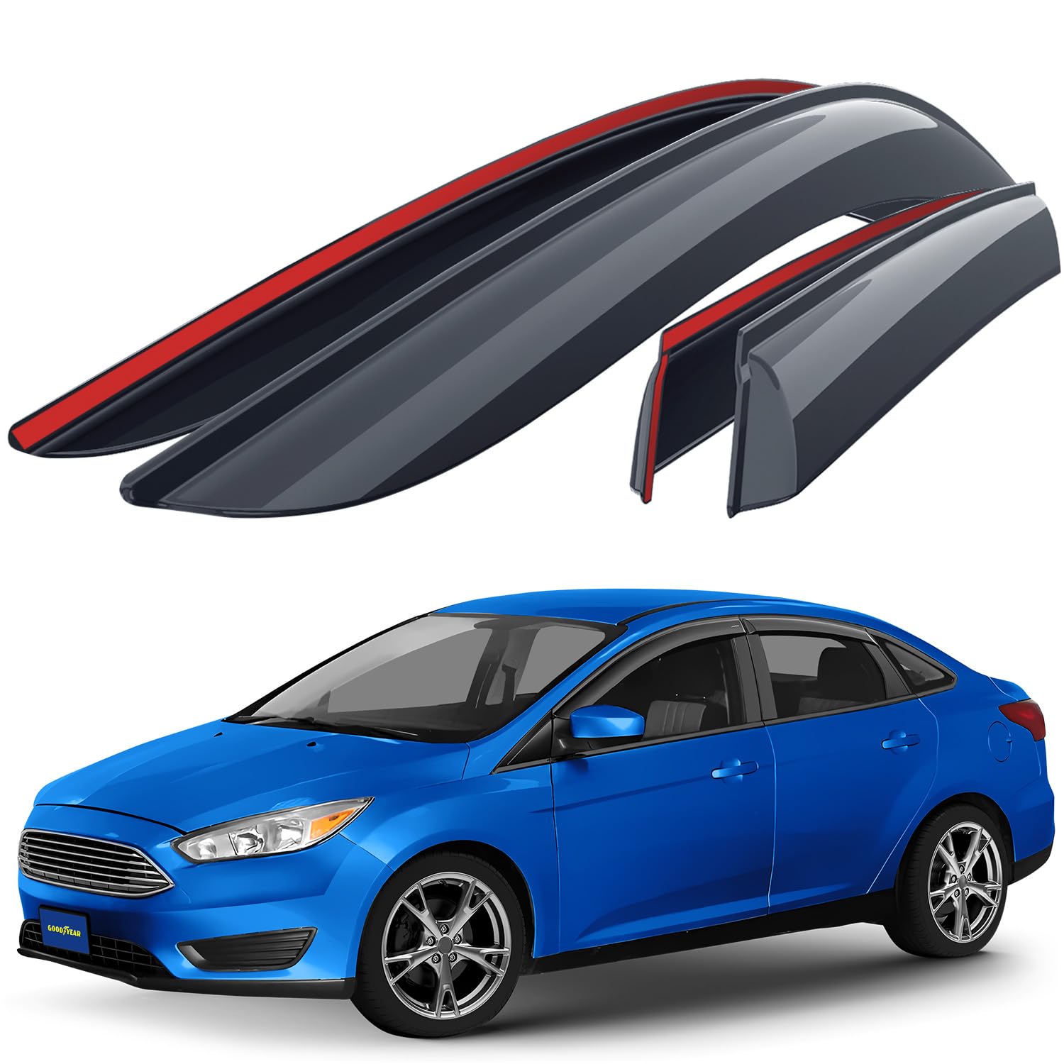 Goodyear Shatterproof Side Window Deflectors for Ford Focus 2012-2018 - 4pc Tape-on Rain Guards & Vent Visors - Car Window Deflectors for Weather Protection & Fresh Air - Perfect for Rainy Days & Highway Driving
